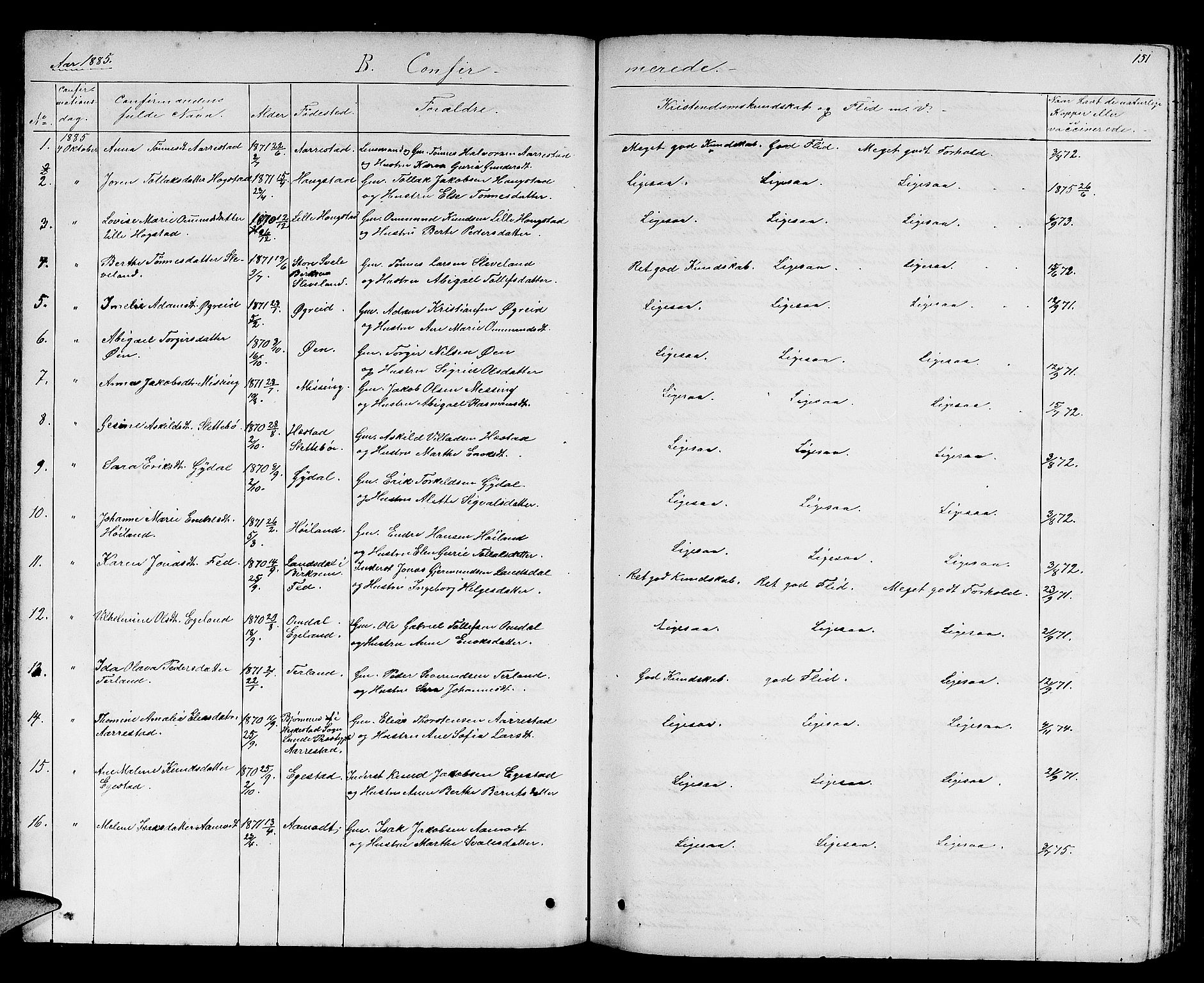 Helleland sokneprestkontor, AV/SAST-A-101810: Parish register (copy) no. B 2, 1848-1886, p. 151