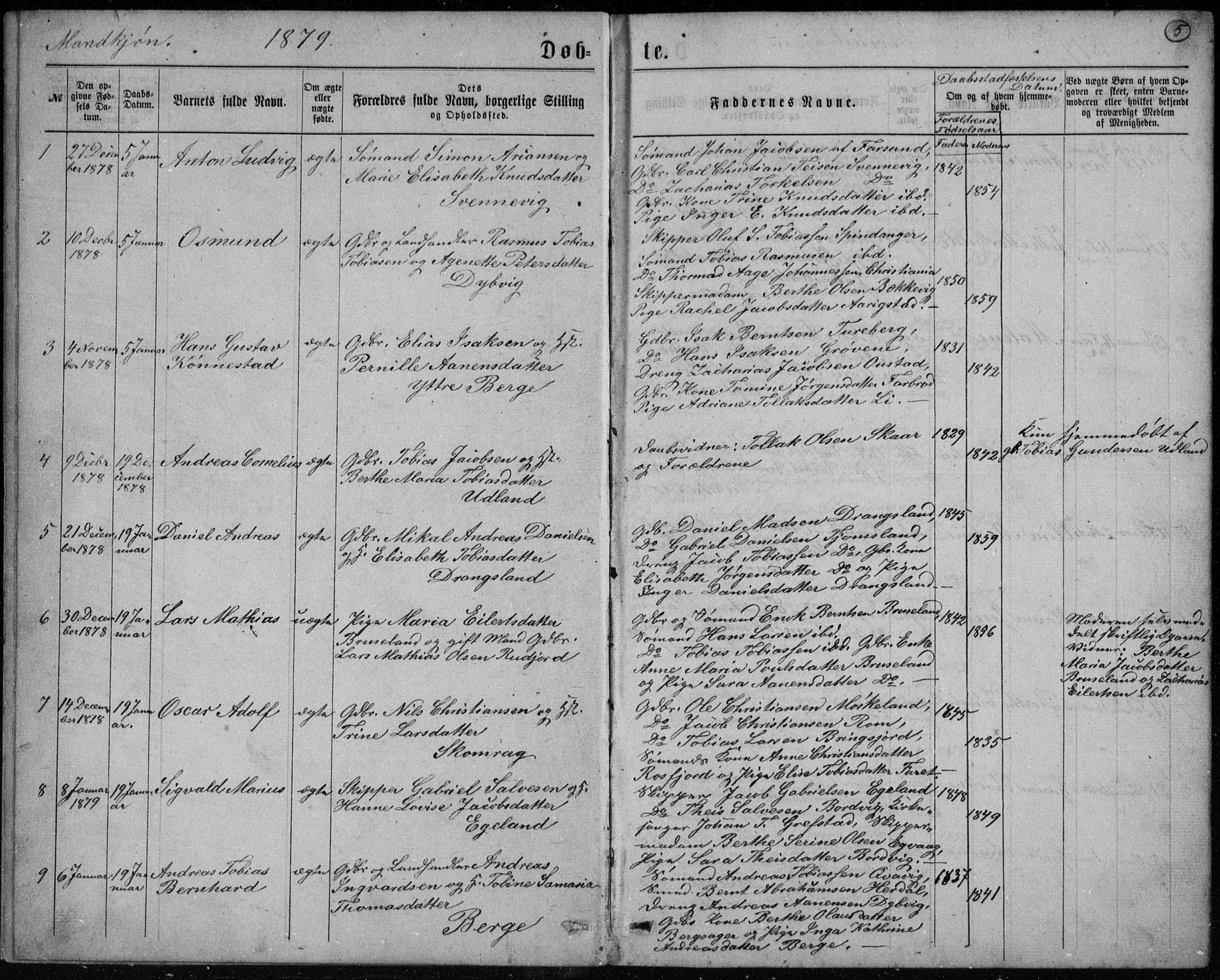 Lyngdal sokneprestkontor, SAK/1111-0029/F/Fb/Fbc/L0004: Parish register (copy) no. B 4, 1878-1896, p. 5