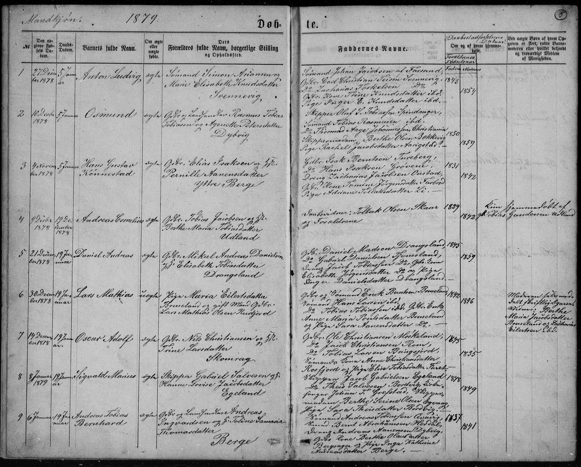 Lyngdal sokneprestkontor, AV/SAK-1111-0029/F/Fb/Fbc/L0004: Parish register (copy) no. B 4, 1878-1896, p. 5