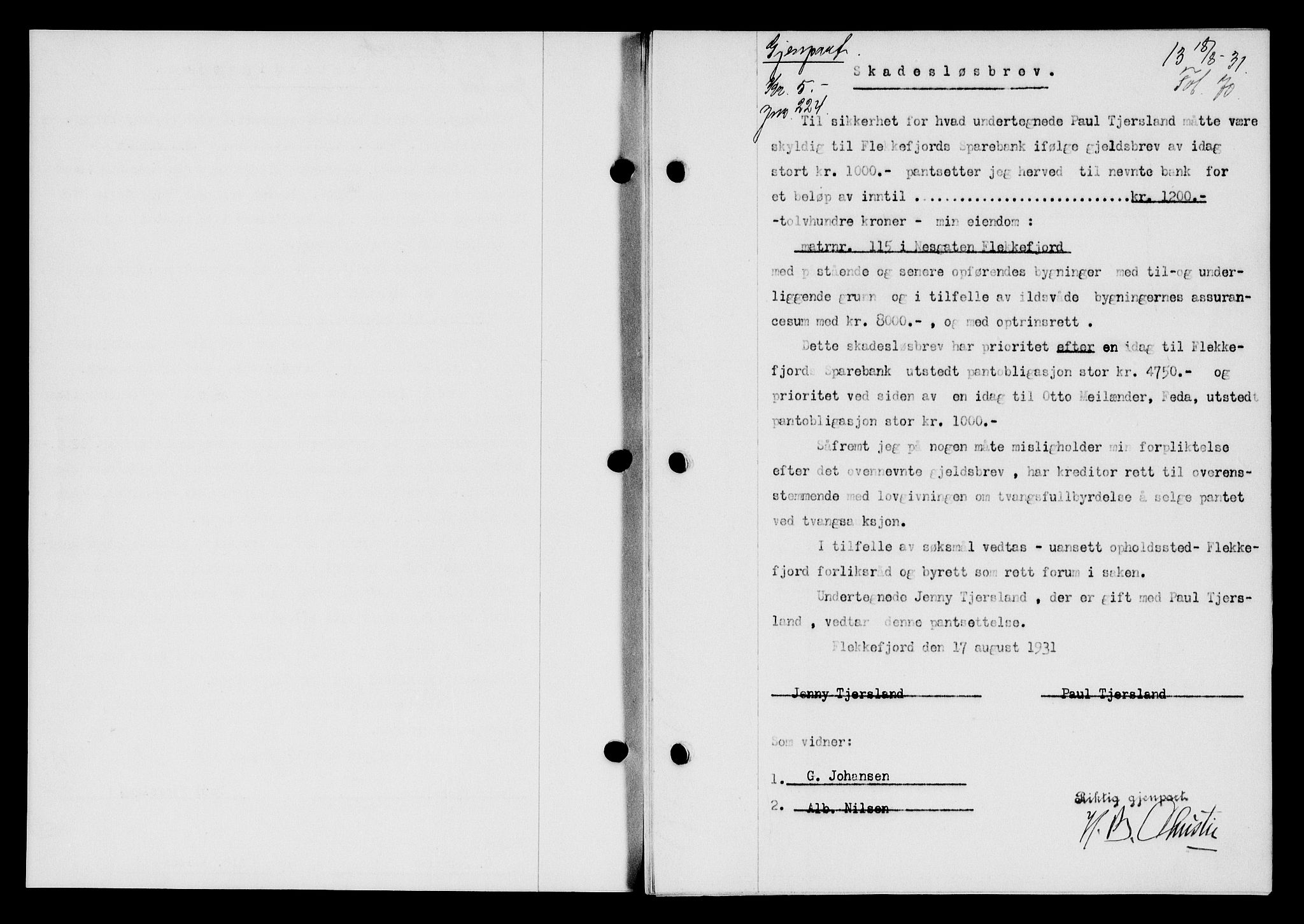 Flekkefjord sorenskriveri, SAK/1221-0001/G/Gb/Gba/L0047: Mortgage book no. 45, 1931-1932, Deed date: 18.08.1931