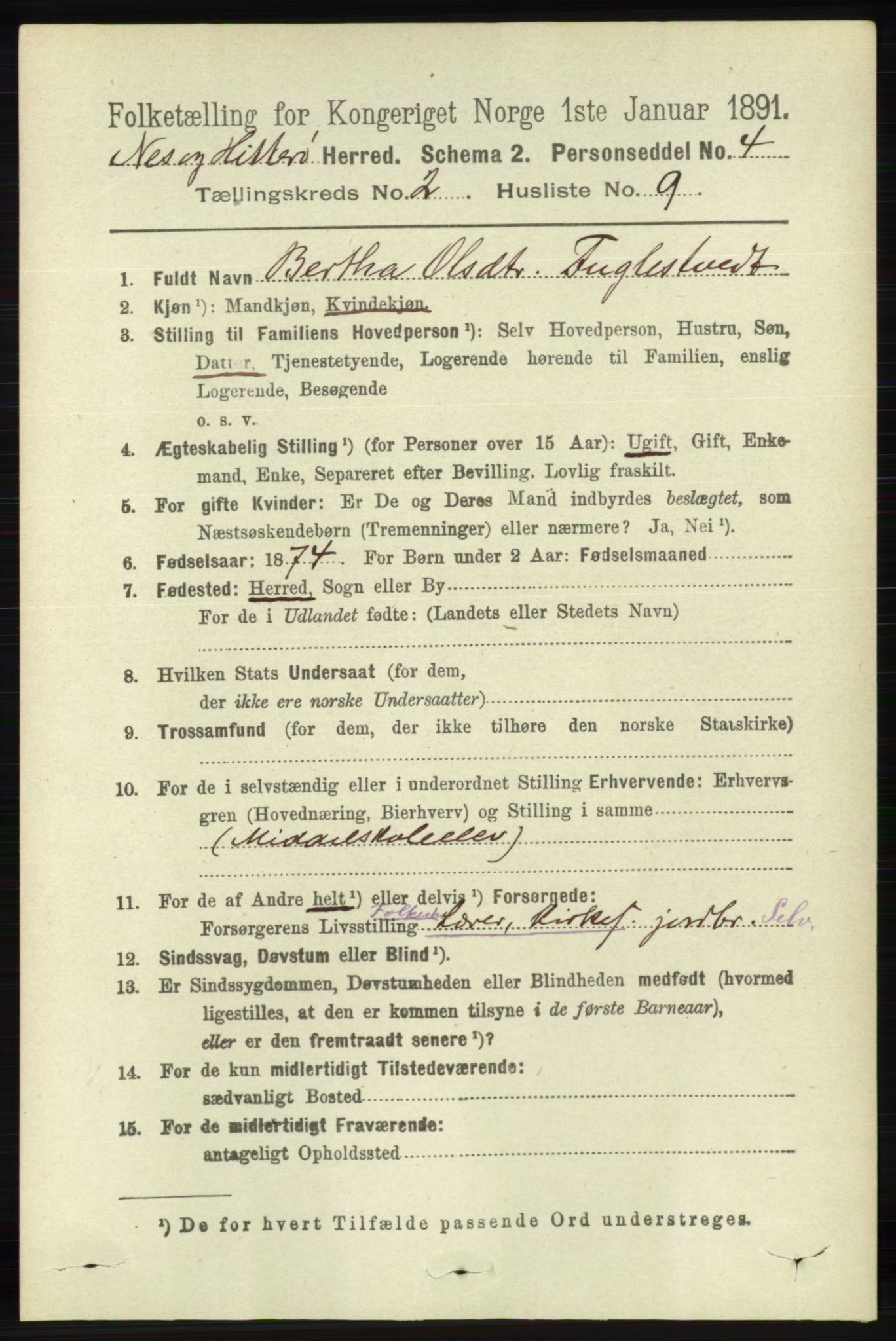 RA, 1891 census for 1043 Hidra og Nes, 1891, p. 587