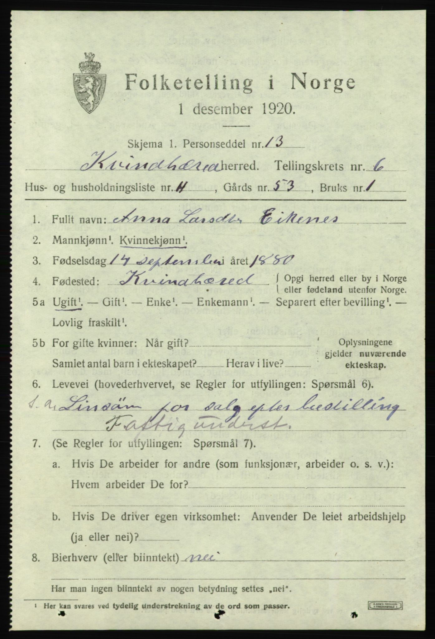 SAB, 1920 census for Kvinnherad, 1920, p. 6396