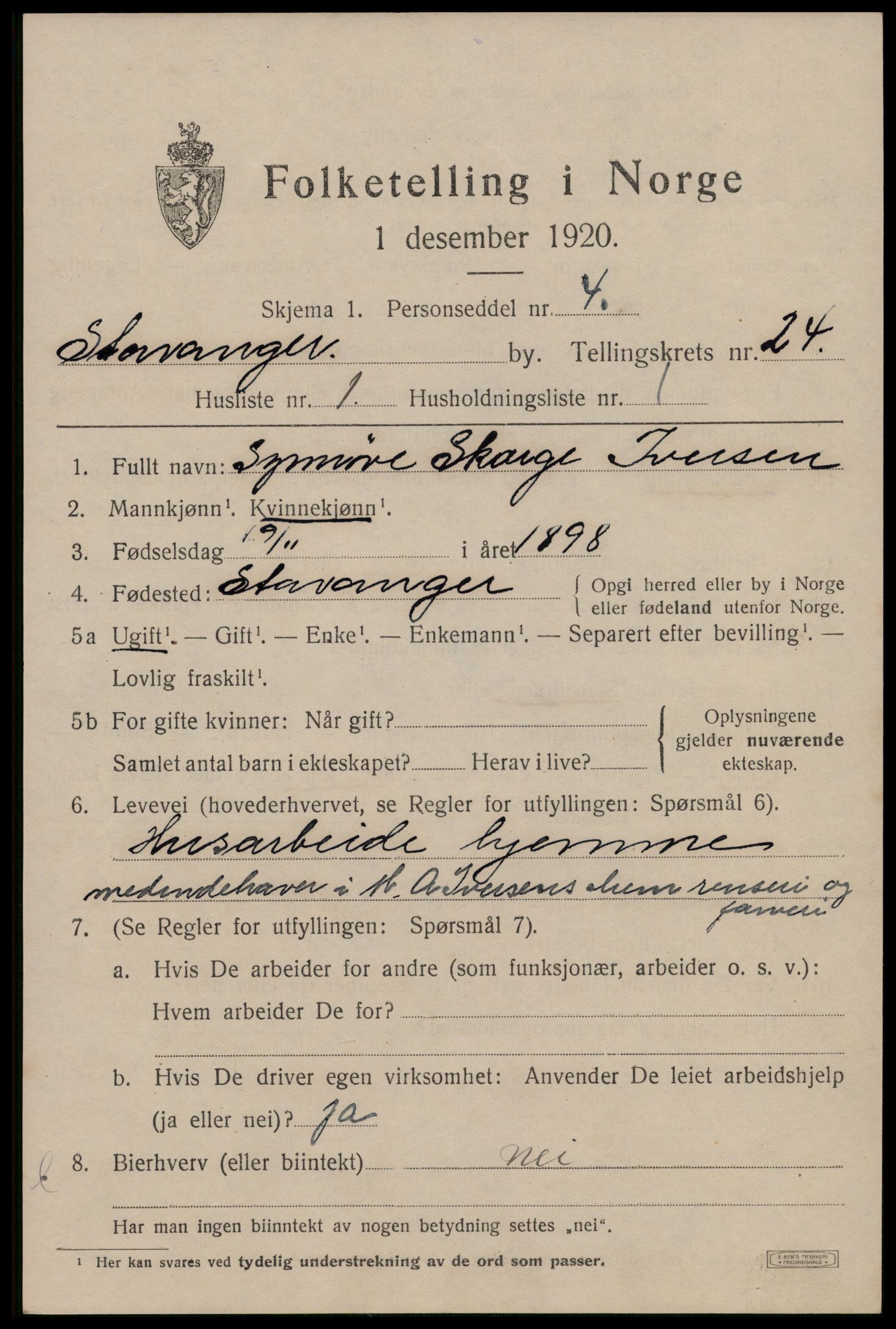 SAST, 1920 census for Stavanger, 1920, p. 76200