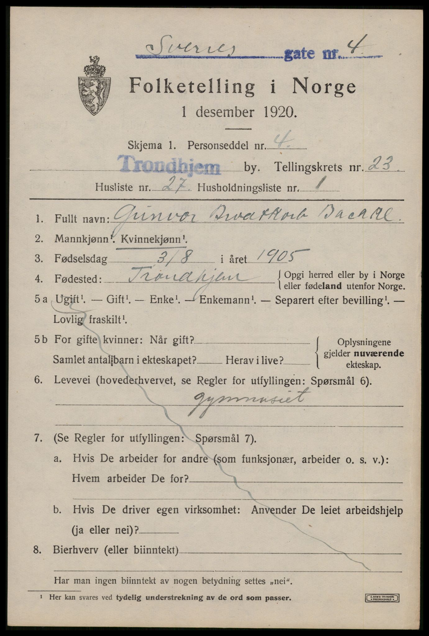 SAT, 1920 census for Trondheim, 1920, p. 65112