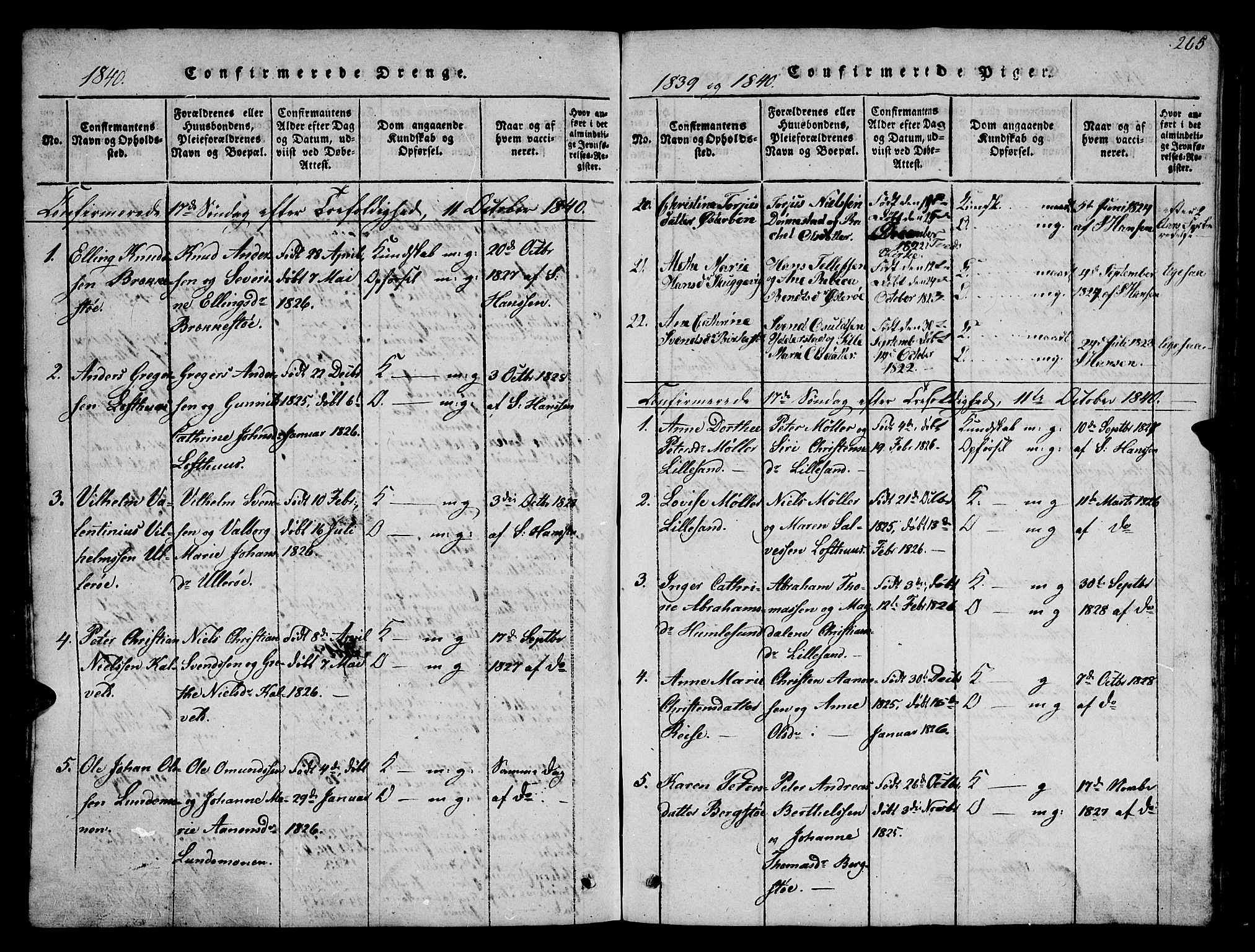 Vestre Moland sokneprestkontor, SAK/1111-0046/F/Fb/Fbb/L0001: Parish register (copy) no. B 1, 1816-1851, p. 265