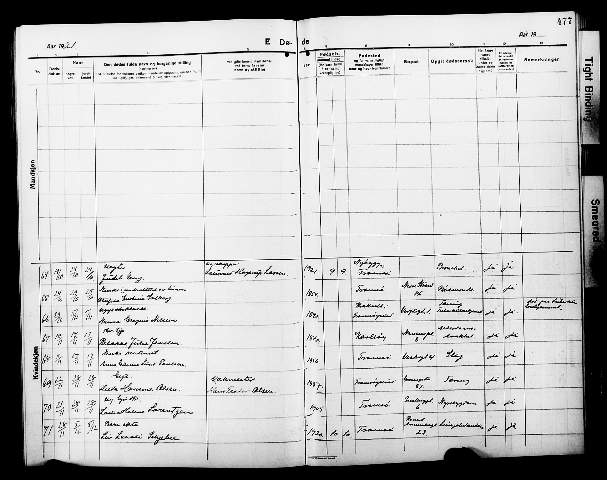 Tromsø sokneprestkontor/stiftsprosti/domprosti, SATØ/S-1343/G/Gb/L0009klokker: Parish register (copy) no. 9, 1915-1925, p. 477