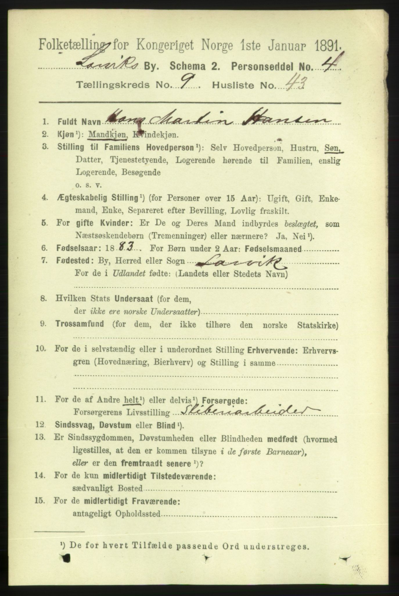 RA, 1891 census for 0707 Larvik, 1891, p. 8949