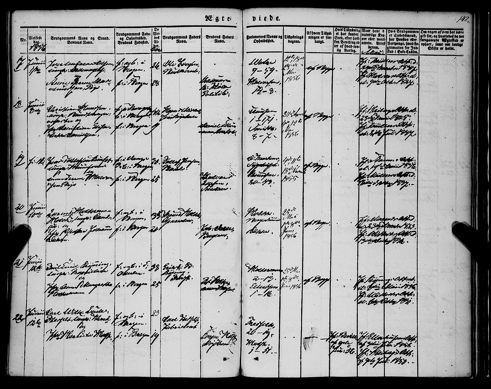 Nykirken Sokneprestembete, AV/SAB-A-77101/H/Haa/L0031: Parish register (official) no. D 1, 1834-1861, p. 142