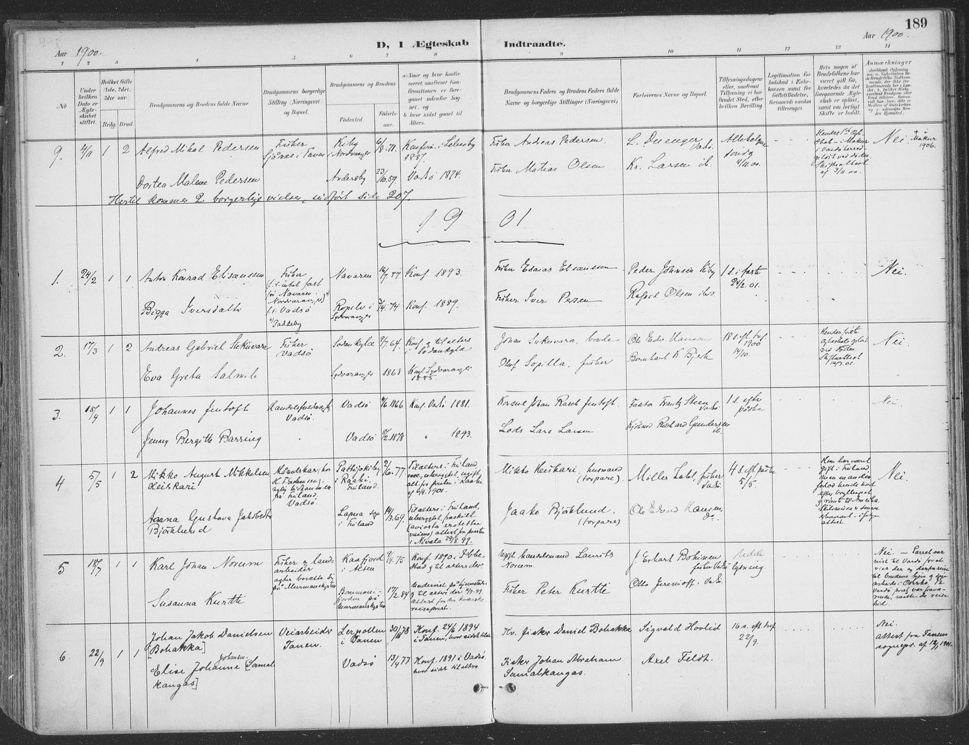 Vadsø sokneprestkontor, SATØ/S-1325/H/Ha/L0007kirke: Parish register (official) no. 7, 1896-1916, p. 189