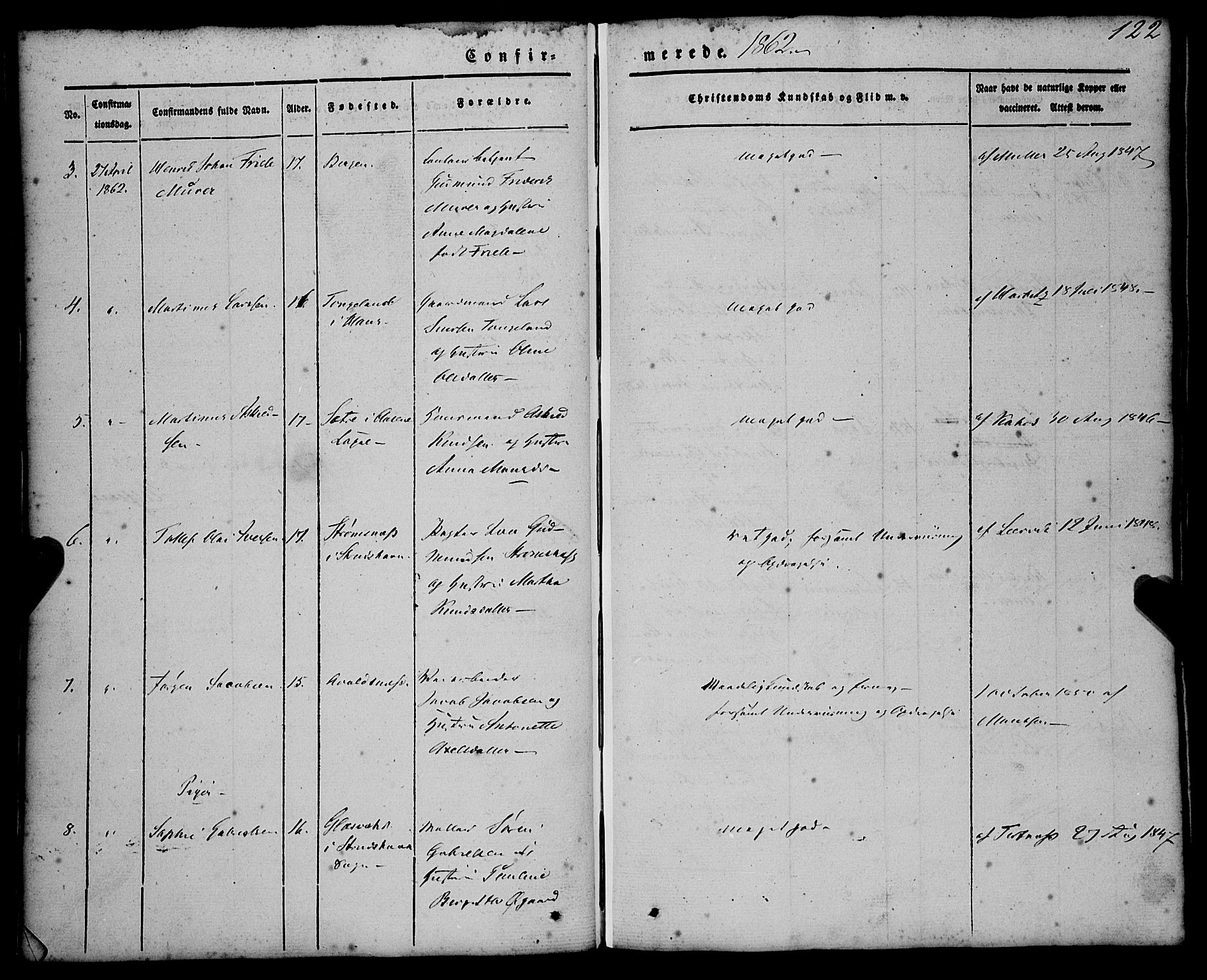 St. Jørgens hospital og Årstad sokneprestembete, AV/SAB-A-99934: Parish register (official) no. A 4, 1844-1863, p. 122