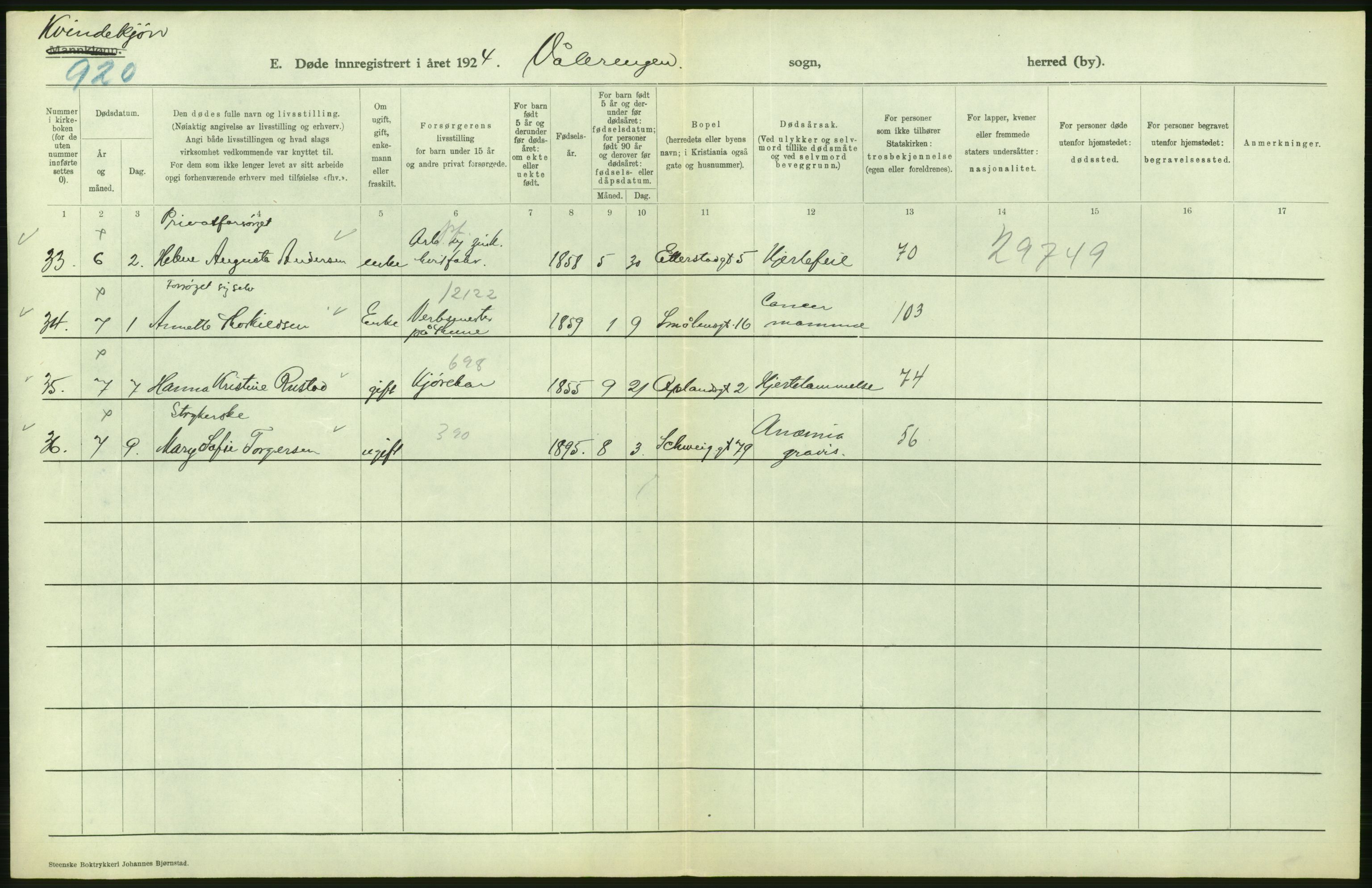 Statistisk sentralbyrå, Sosiodemografiske emner, Befolkning, AV/RA-S-2228/D/Df/Dfc/Dfcd/L0009: Kristiania: Døde kvinner, dødfødte, 1924, p. 352