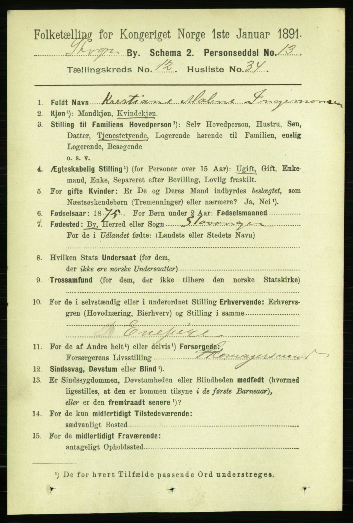 RA, 1891 census for 1103 Stavanger, 1891, p. 15312