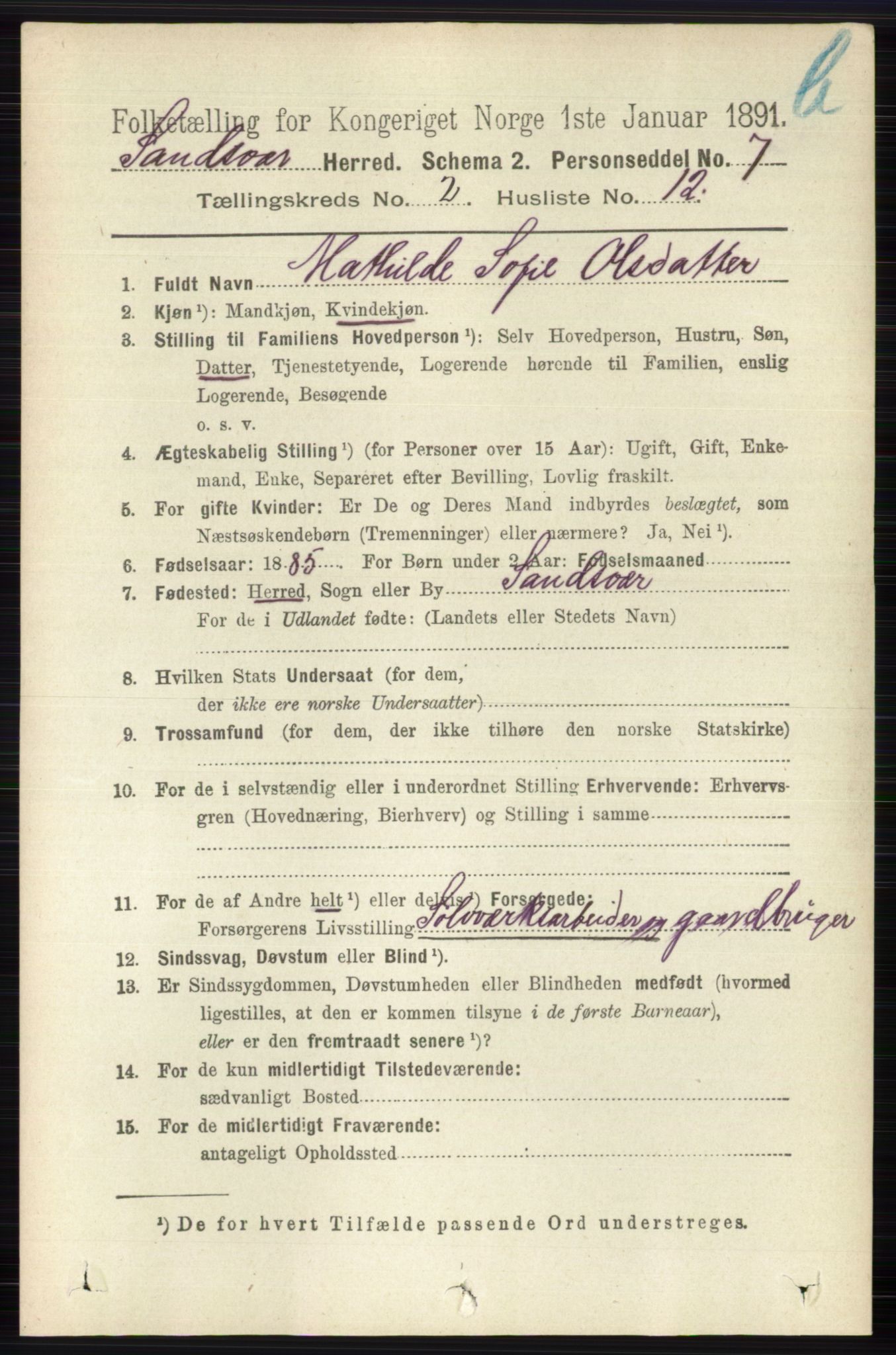 RA, 1891 census for 0629 Sandsvær, 1891, p. 5784