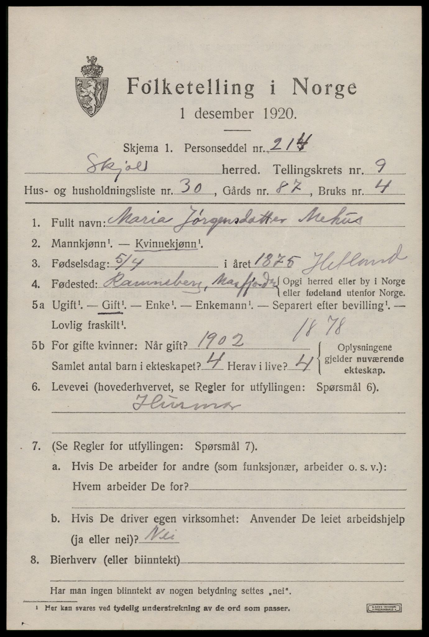 SAST, 1920 census for Skjold, 1920, p. 4822