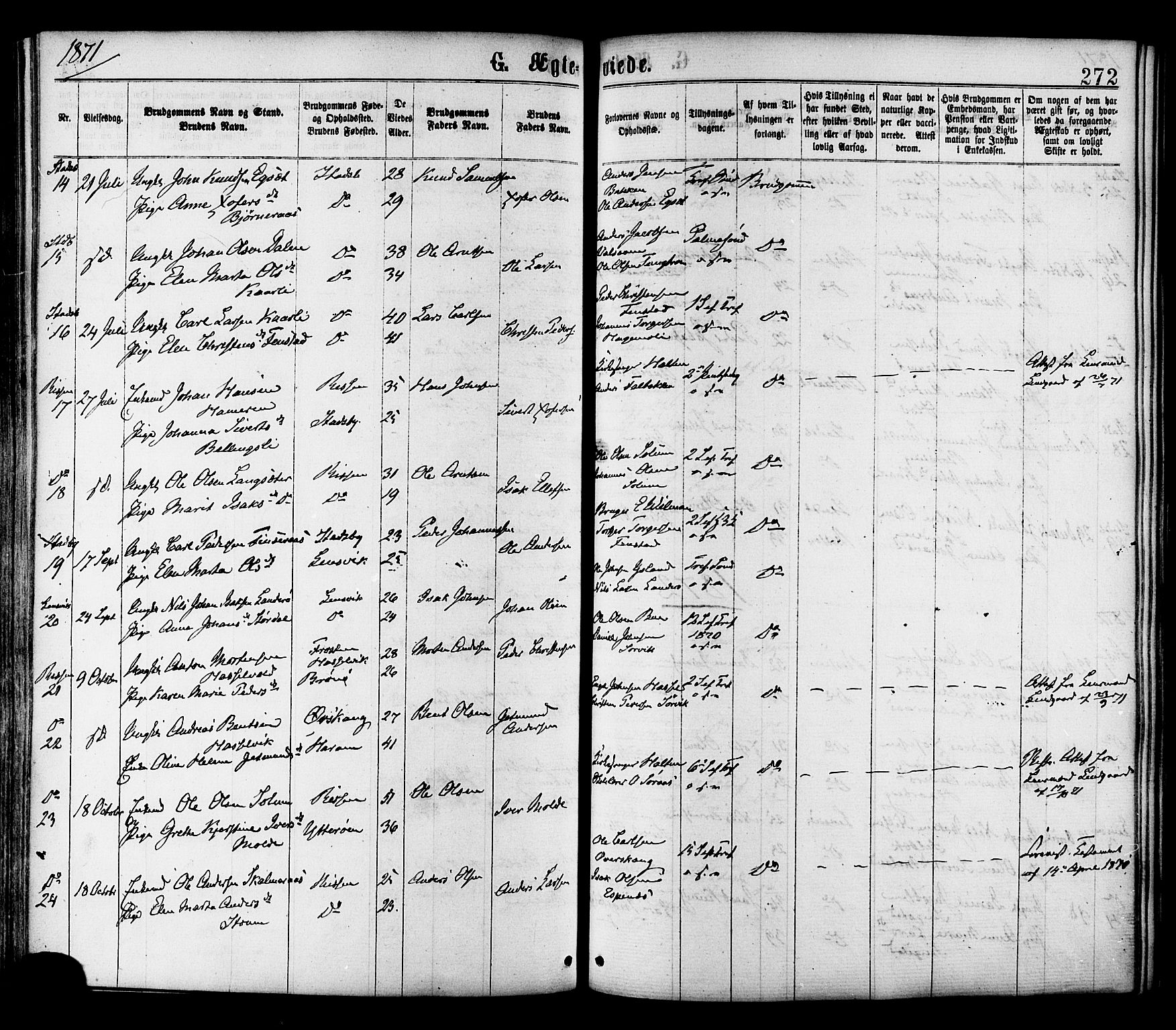 Ministerialprotokoller, klokkerbøker og fødselsregistre - Sør-Trøndelag, AV/SAT-A-1456/646/L0613: Parish register (official) no. 646A11, 1870-1884, p. 272