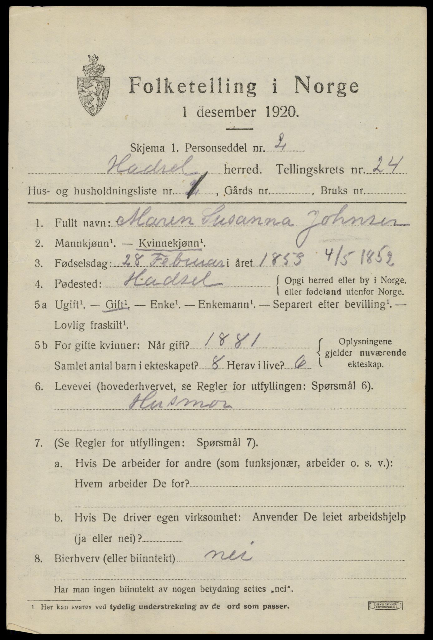 SAT, 1920 census for Hadsel, 1920, p. 21448