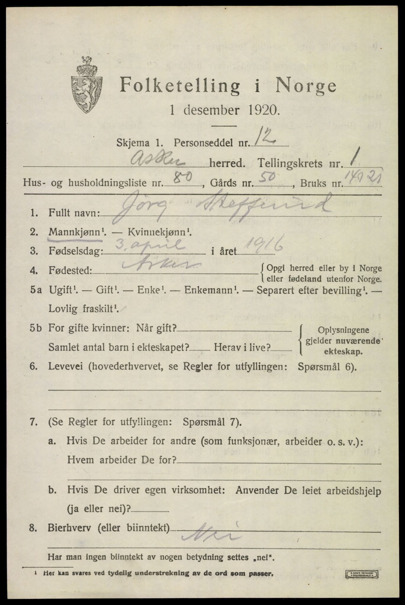 SAO, 1920 census for Asker, 1920, p. 3534