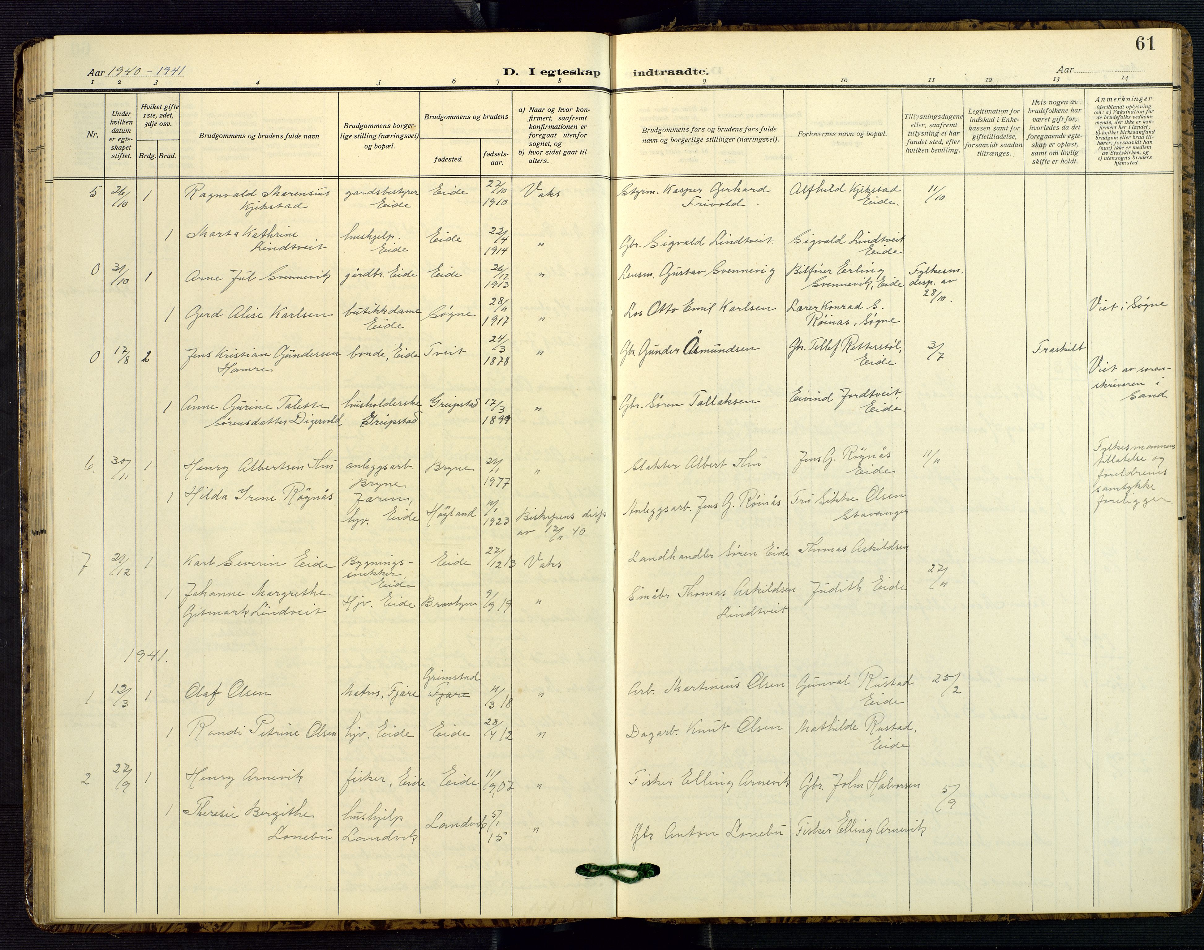 Hommedal sokneprestkontor, SAK/1111-0023/F/Fb/Fba/L0005: Parish register (copy) no. B 5, 1909-1957, p. 61
