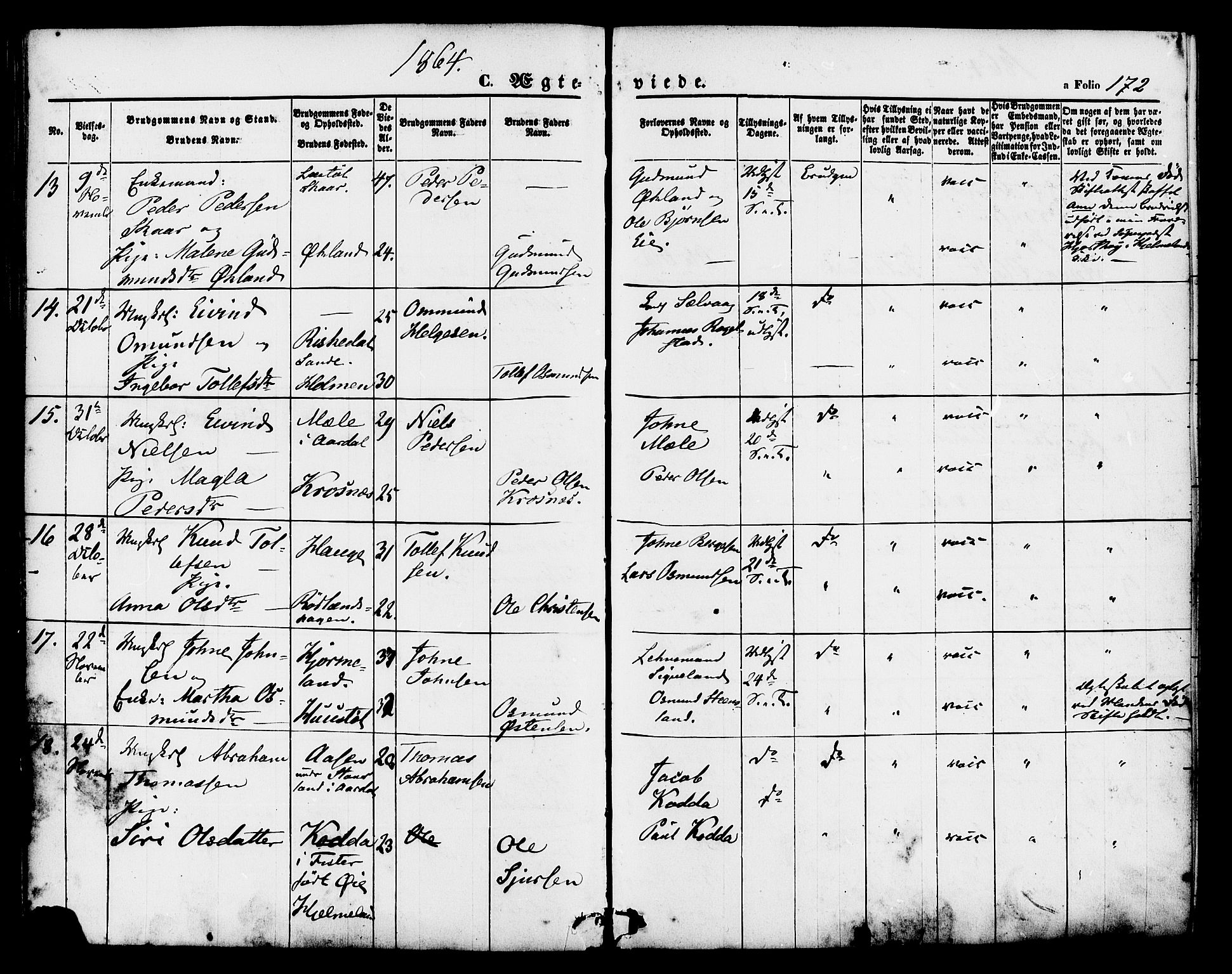 Hjelmeland sokneprestkontor, AV/SAST-A-101843/01/IV/L0011: Parish register (official) no. A 11, 1861-1878, p. 172