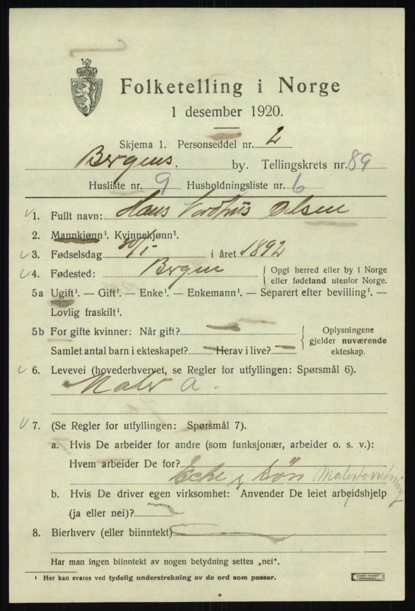 SAB, 1920 census for Bergen, 1920, p. 162235