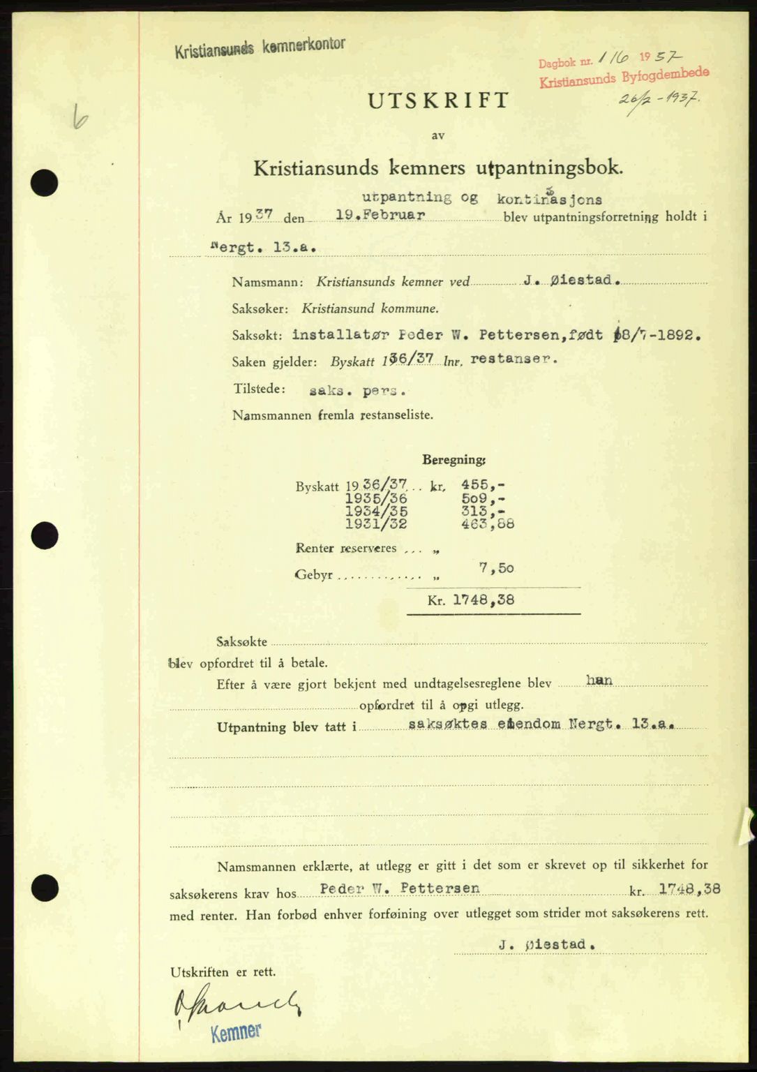 Kristiansund byfogd, AV/SAT-A-4587/A/27: Mortgage book no. 29, 1936-1937, Diary no: : 116/1937