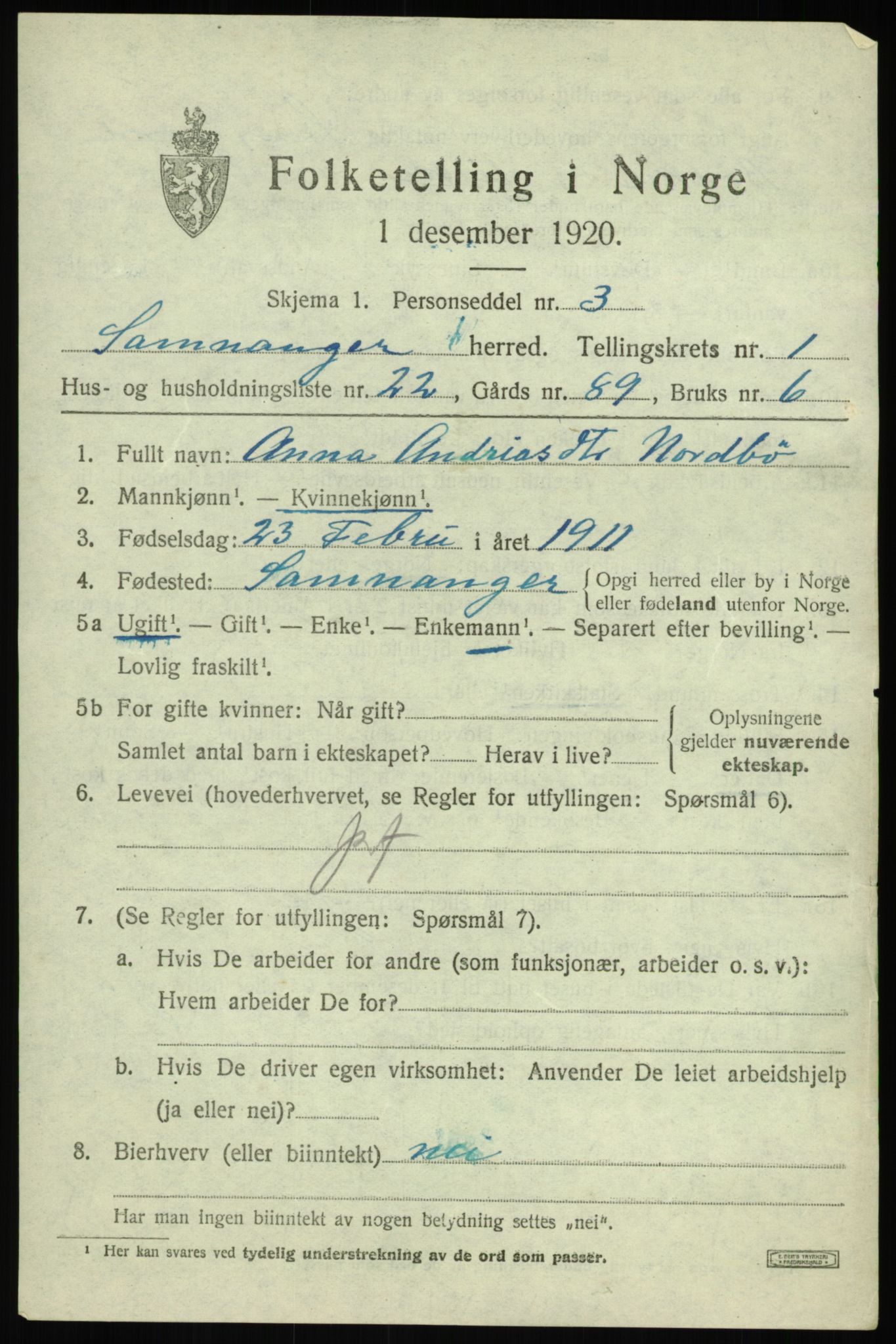 SAB, 1920 census for Samnanger, 1920, p. 1099