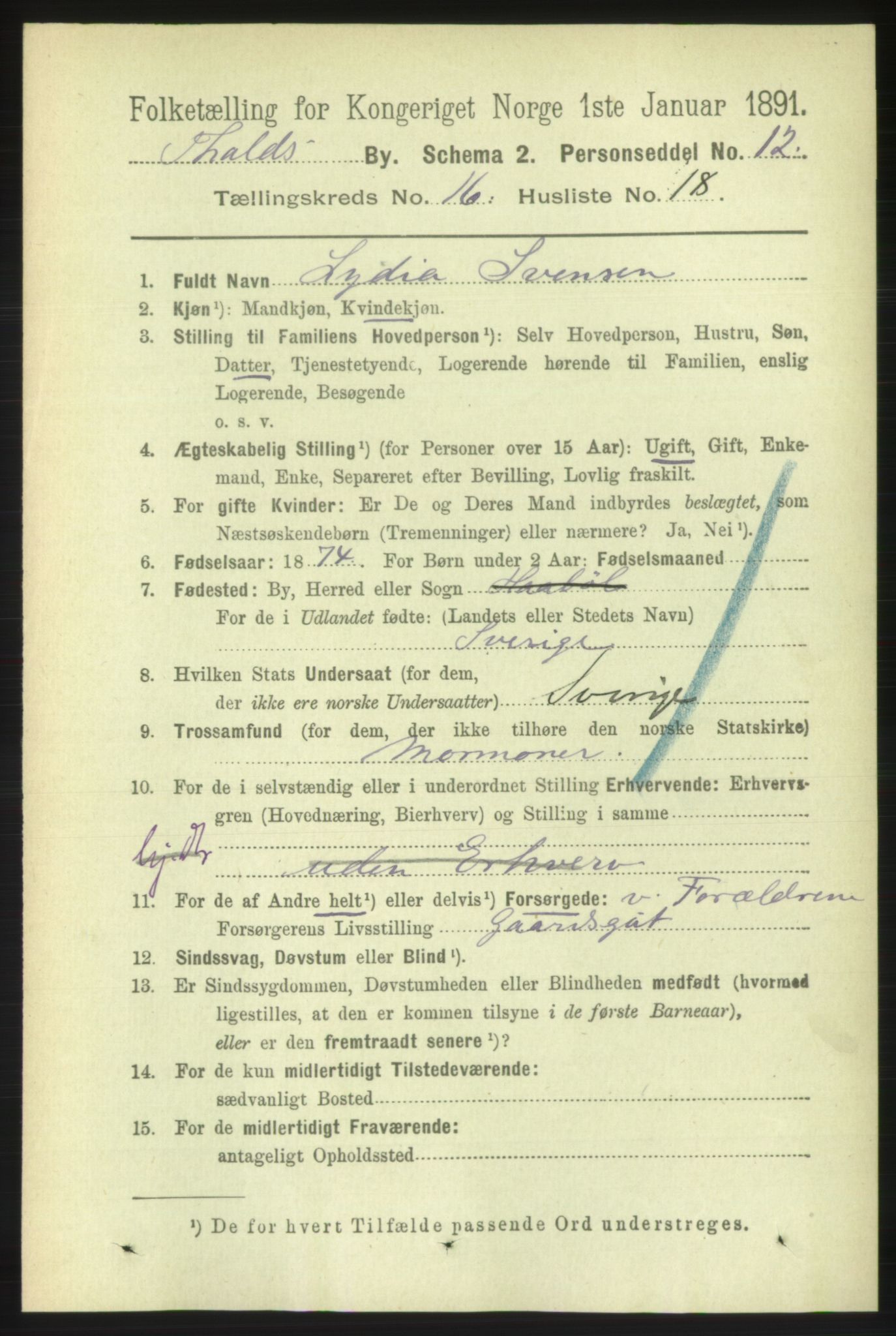 RA, 1891 census for 0101 Fredrikshald, 1891, p. 10736