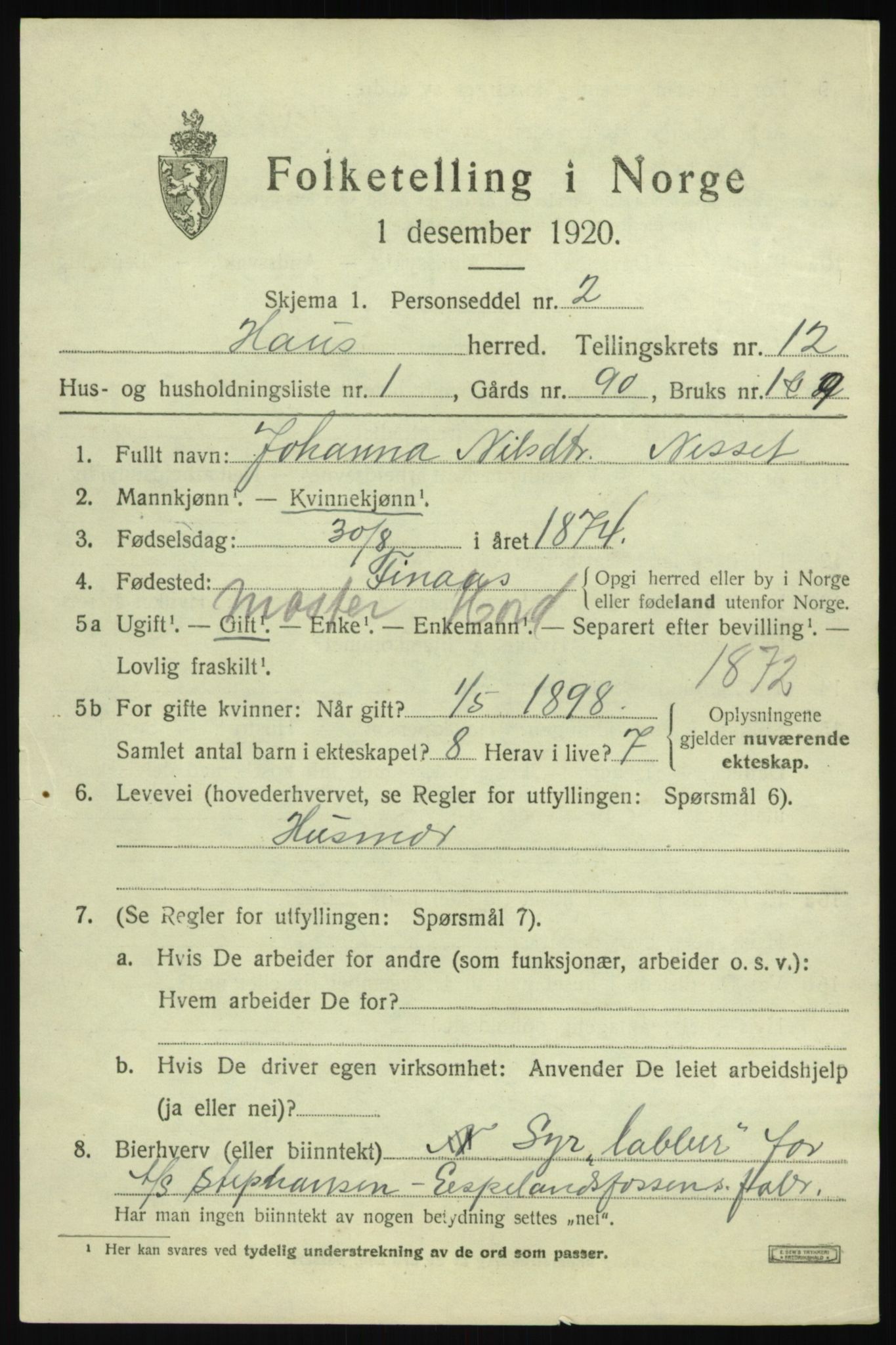 SAB, 1920 census for Haus, 1920, p. 7437