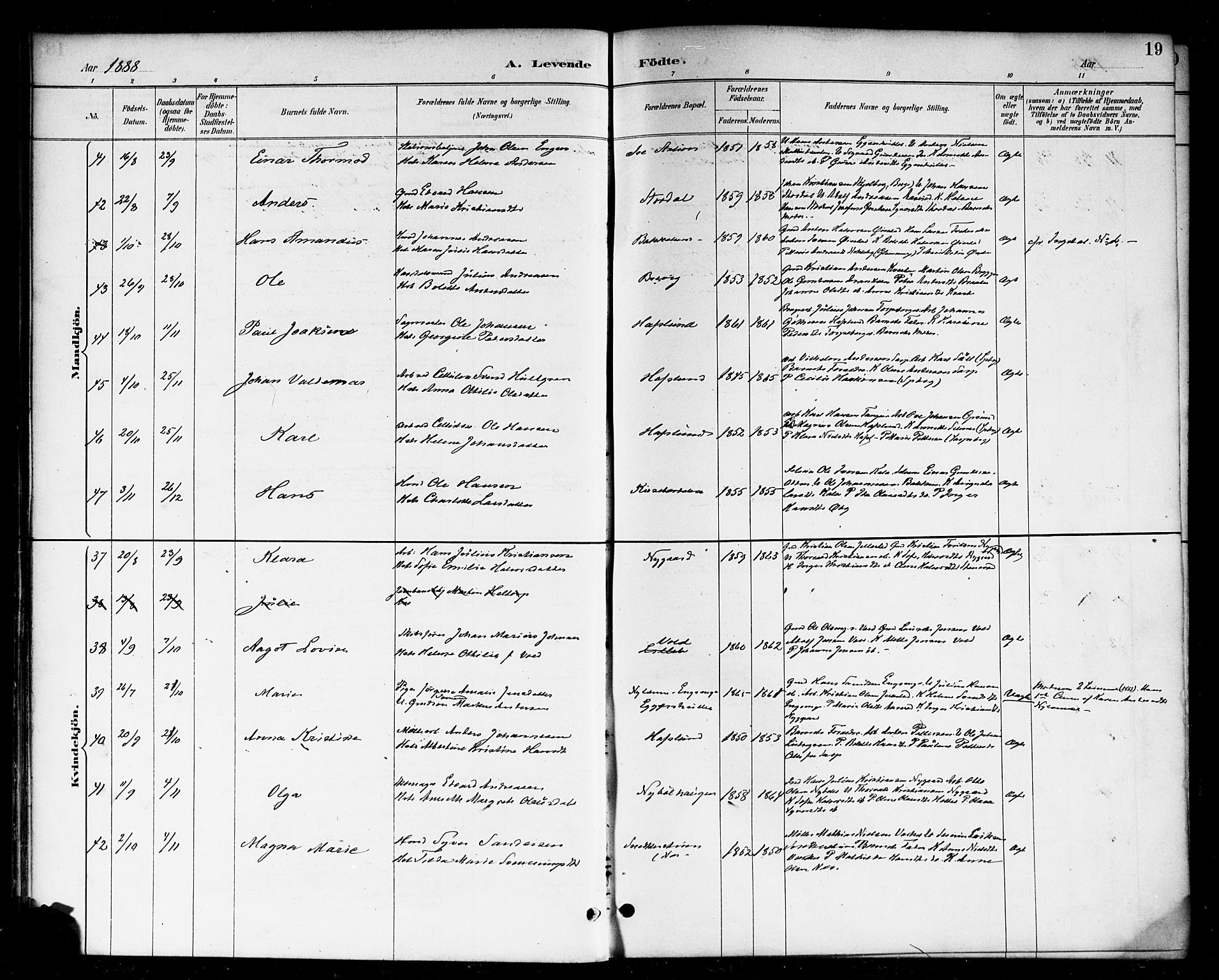 Skjeberg prestekontor Kirkebøker, AV/SAO-A-10923/F/Fa/L0009: Parish register (official) no. I 9, 1886-1897, p. 19