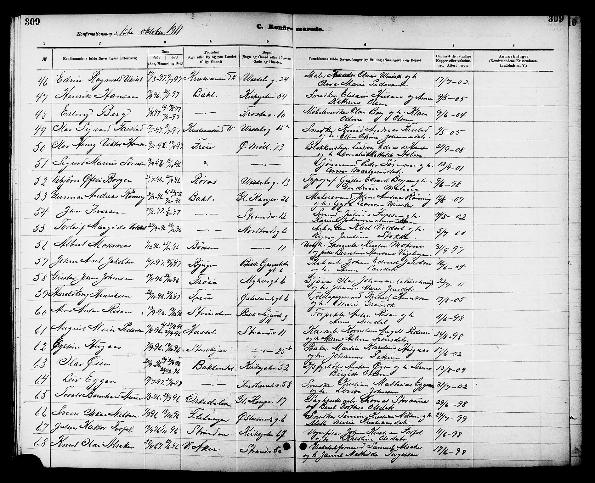 Ministerialprotokoller, klokkerbøker og fødselsregistre - Sør-Trøndelag, AV/SAT-A-1456/605/L0254: Parish register (copy) no. 605C01, 1908-1916, p. 309