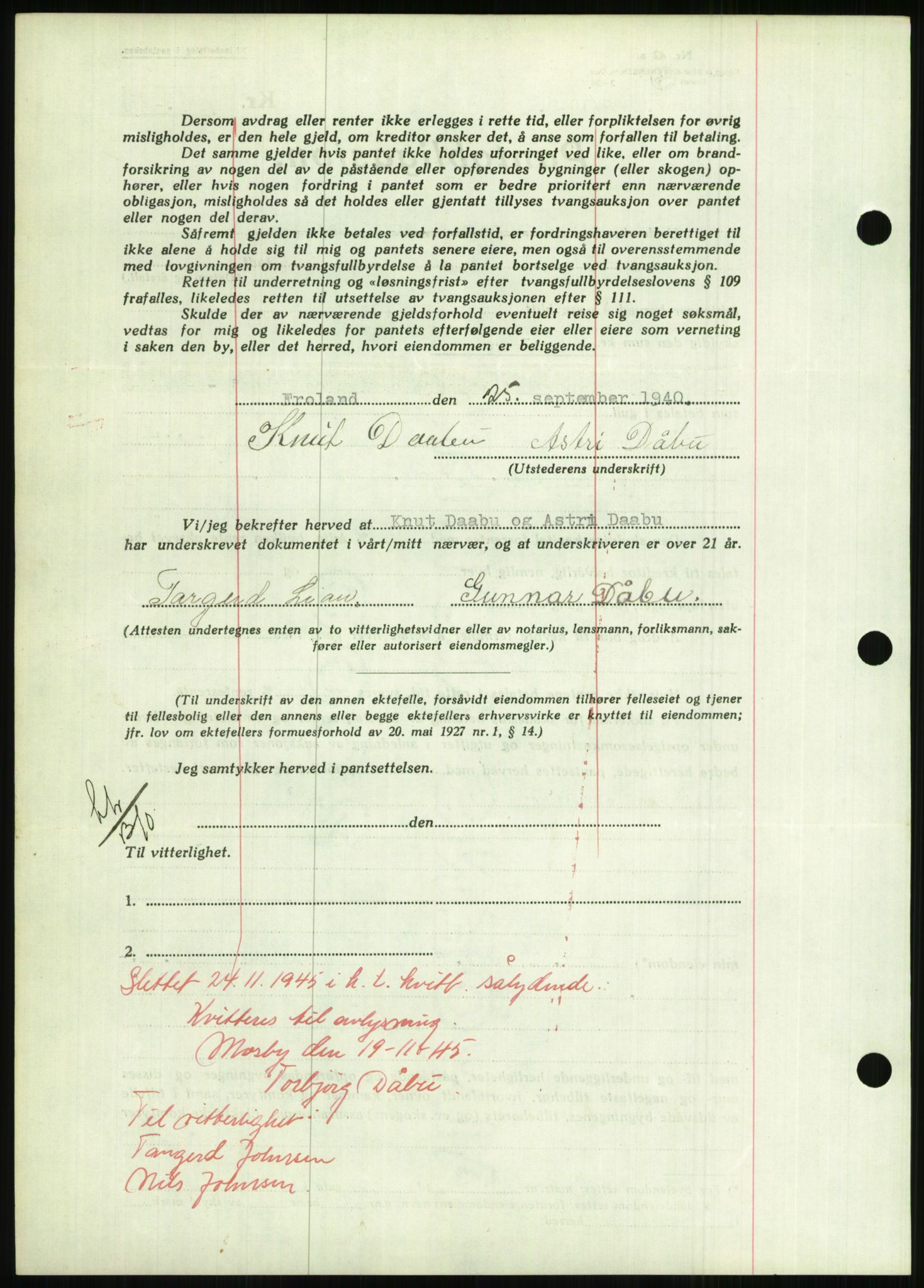 Nedenes sorenskriveri, SAK/1221-0006/G/Gb/Gbb/L0001: Mortgage book no. I, 1939-1942, Diary no: : 839/1940
