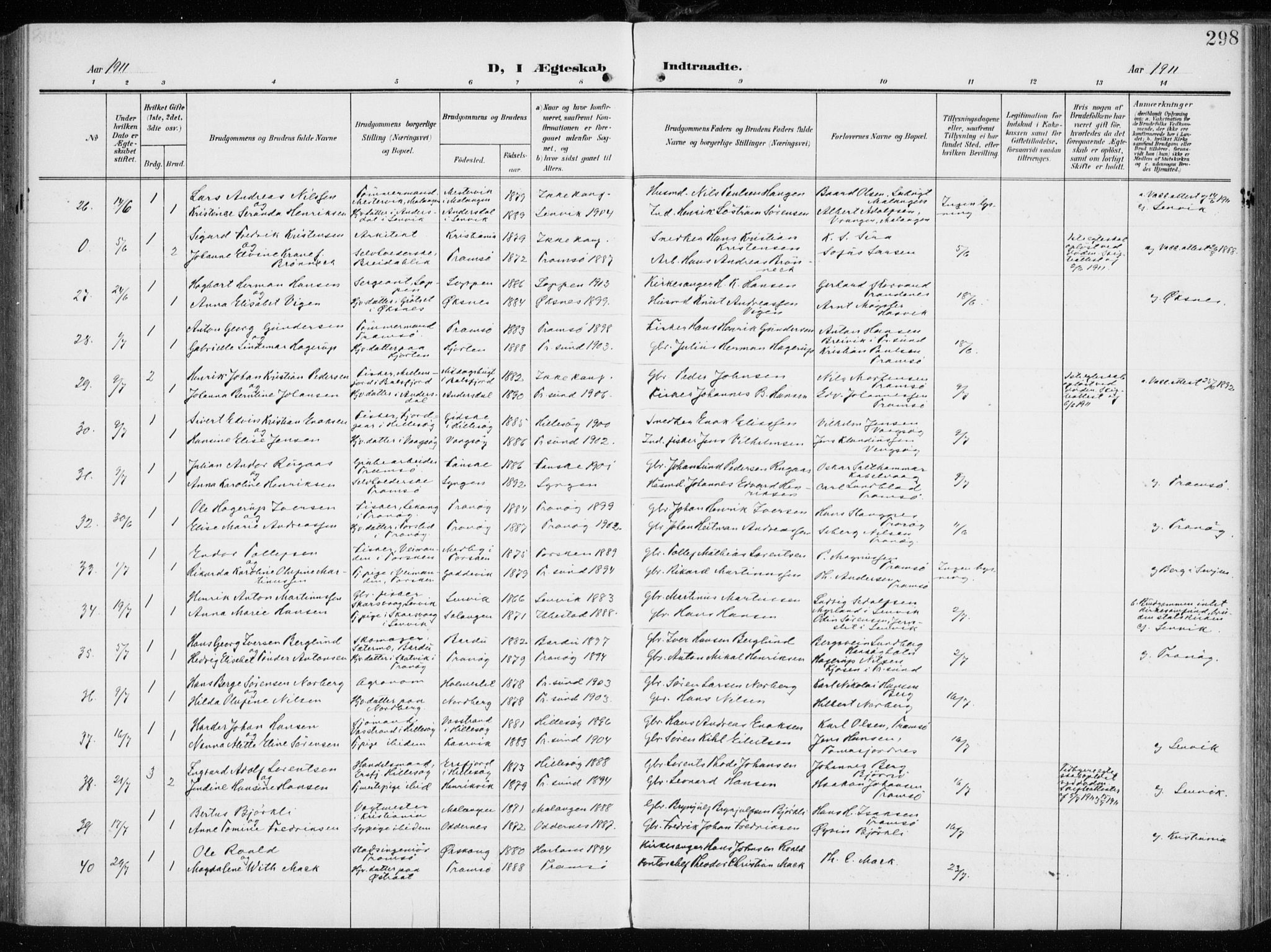 Tromsøysund sokneprestkontor, AV/SATØ-S-1304/G/Ga/L0007kirke: Parish register (official) no. 7, 1907-1914, p. 298