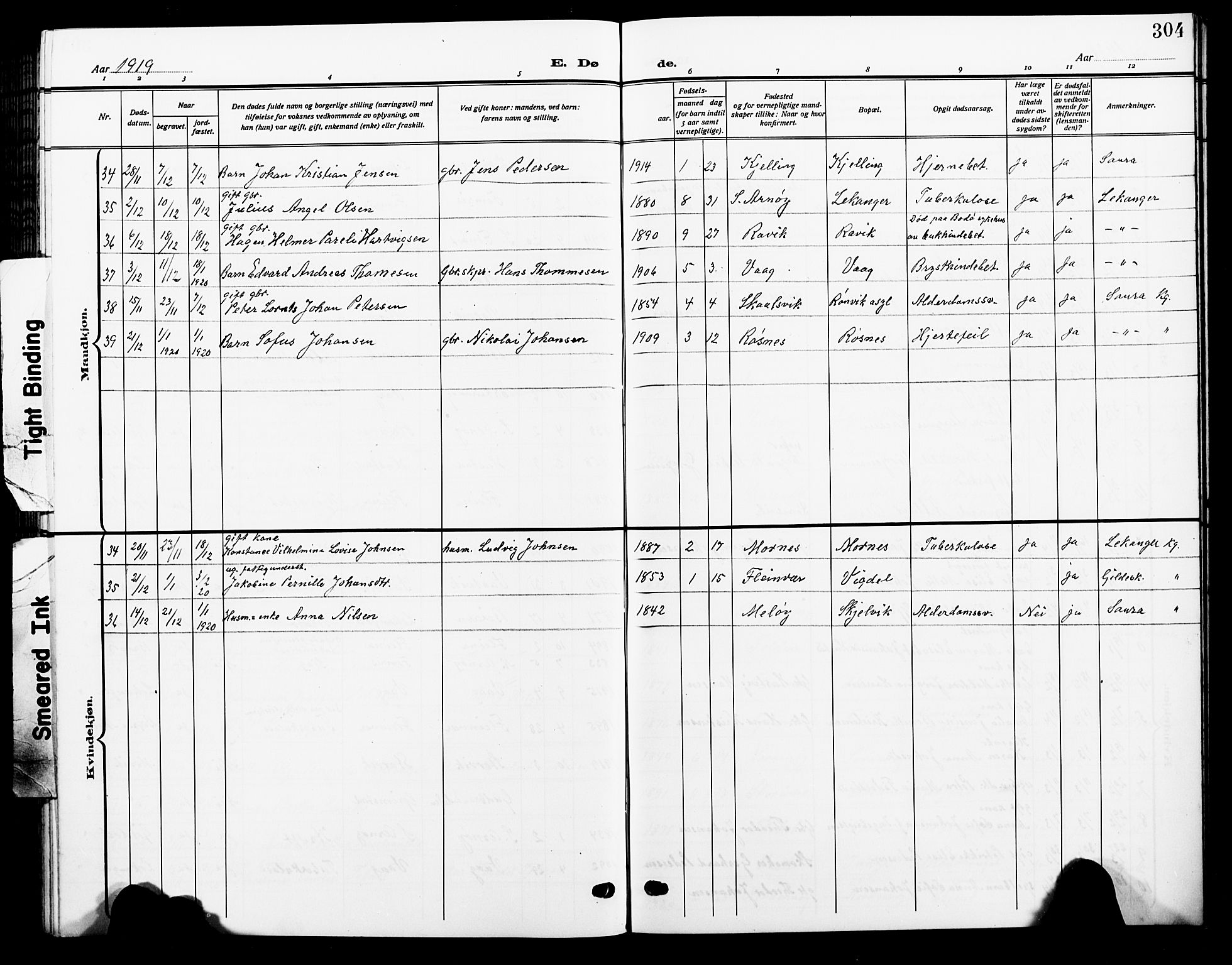 Ministerialprotokoller, klokkerbøker og fødselsregistre - Nordland, SAT/A-1459/805/L0110: Parish register (copy) no. 805C06, 1909-1924, p. 304
