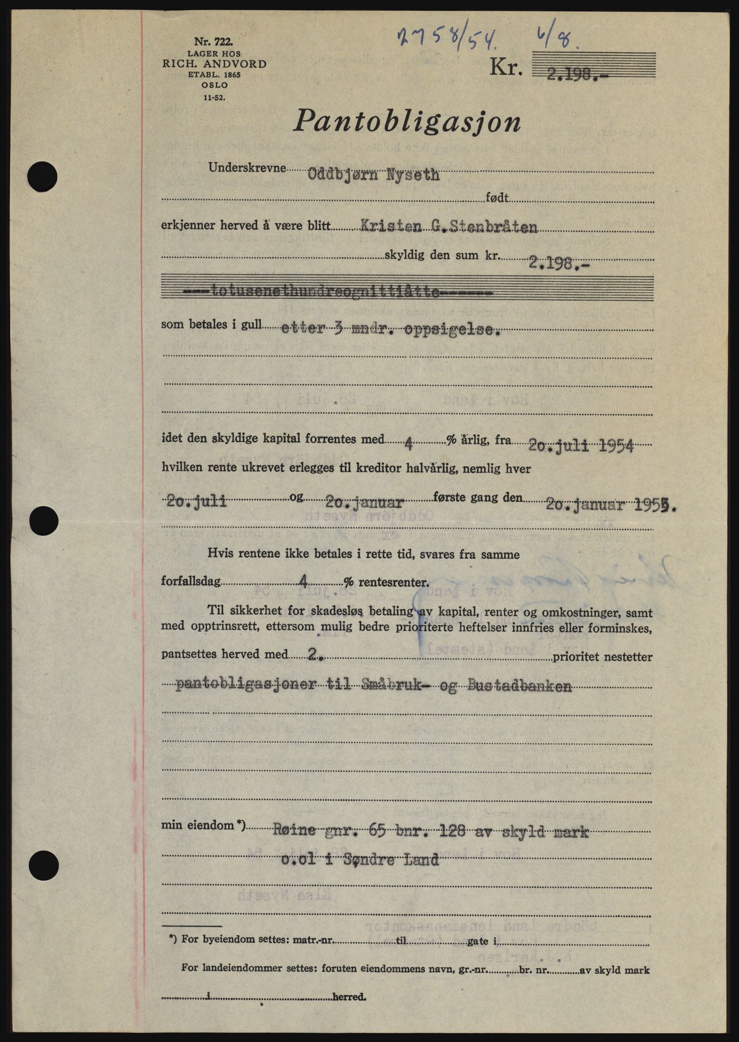 Hadeland og Land tingrett, SAH/TING-010/H/Hb/Hbc/L0030: Mortgage book no. B30, 1954-1954, Diary no: : 2758/1954