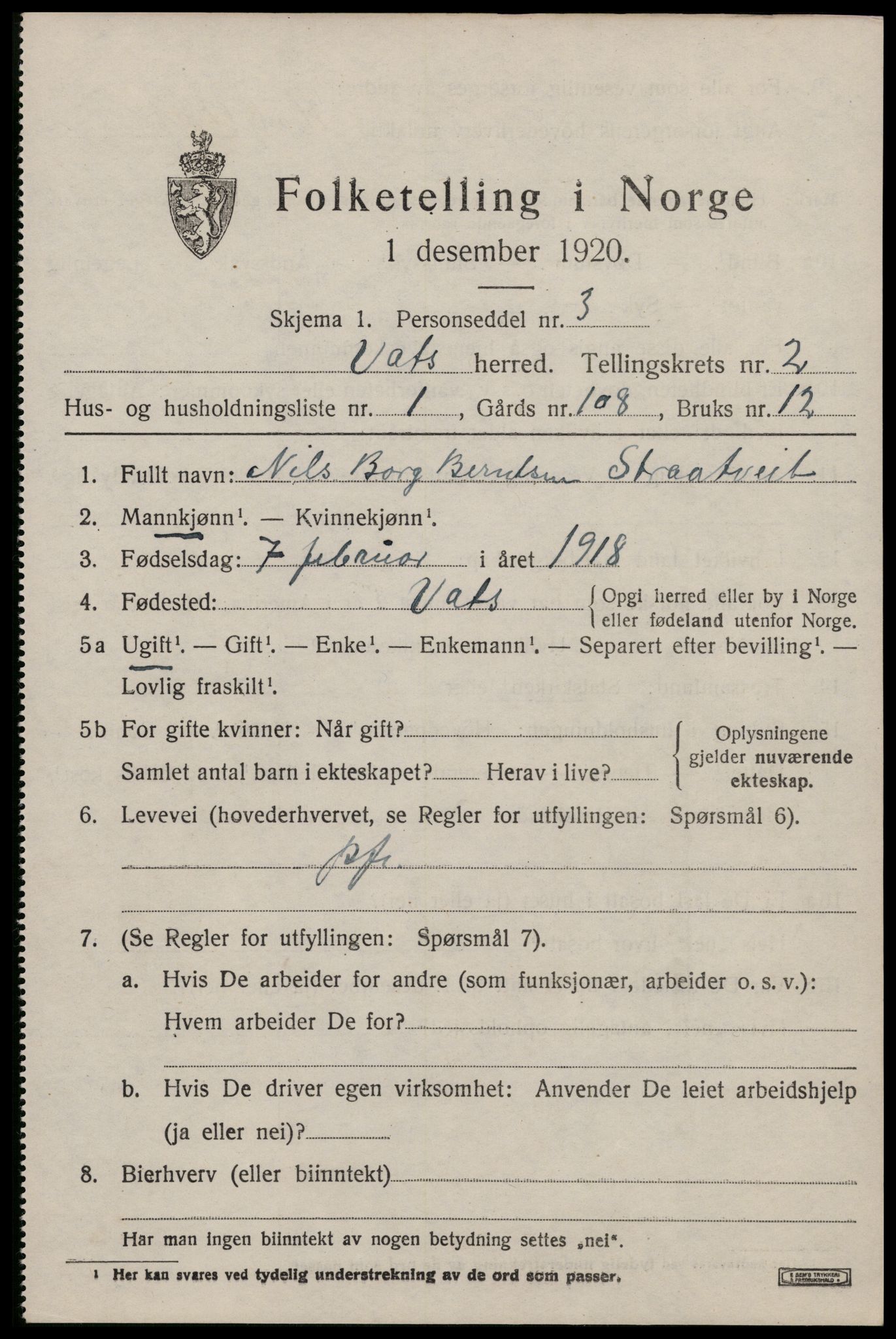 SAST, 1920 census for Vats, 1920, p. 815