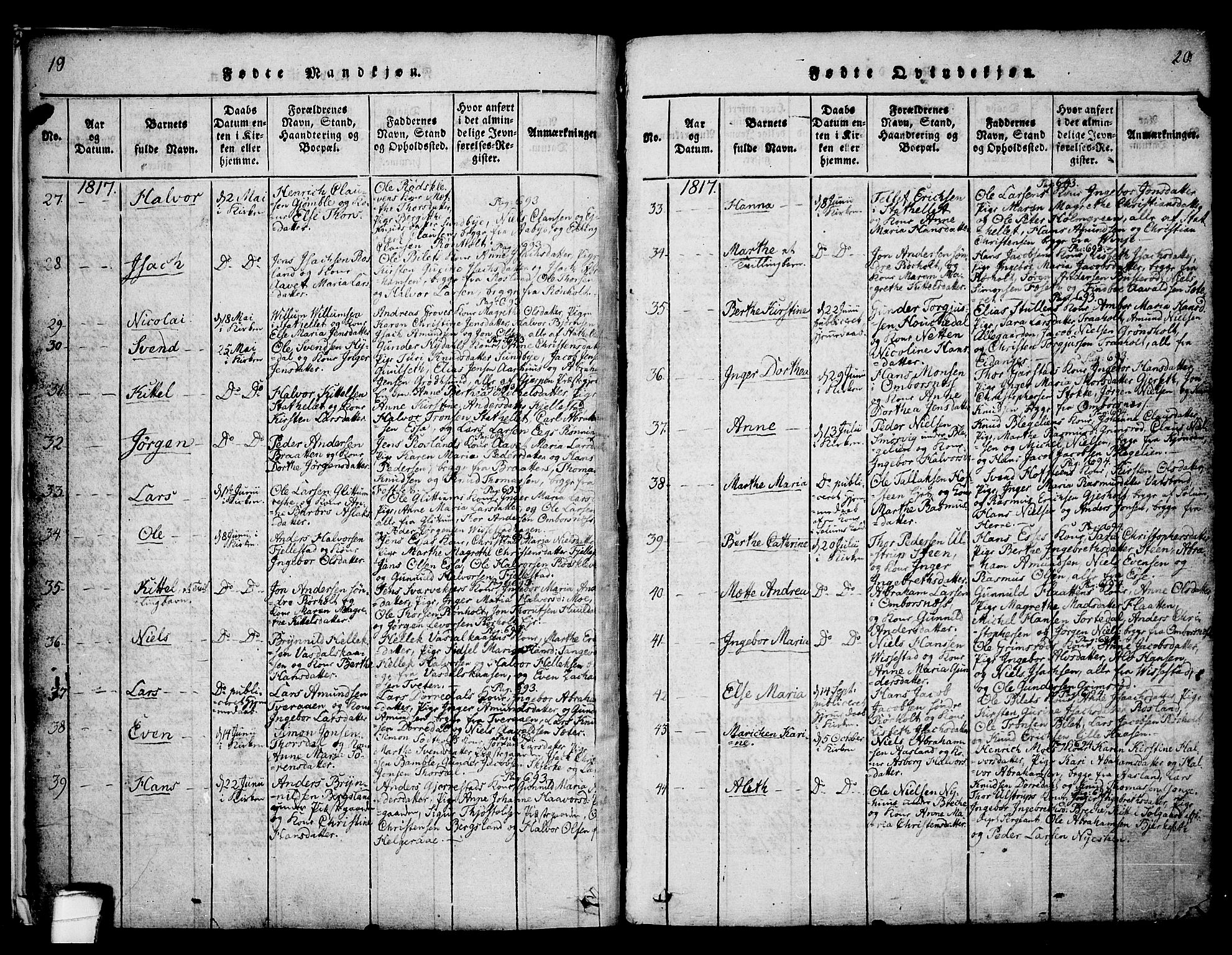 Bamble kirkebøker, SAKO/A-253/F/Fa/L0003: Parish register (official) no. I 3 /1, 1814-1834, p. 19-20