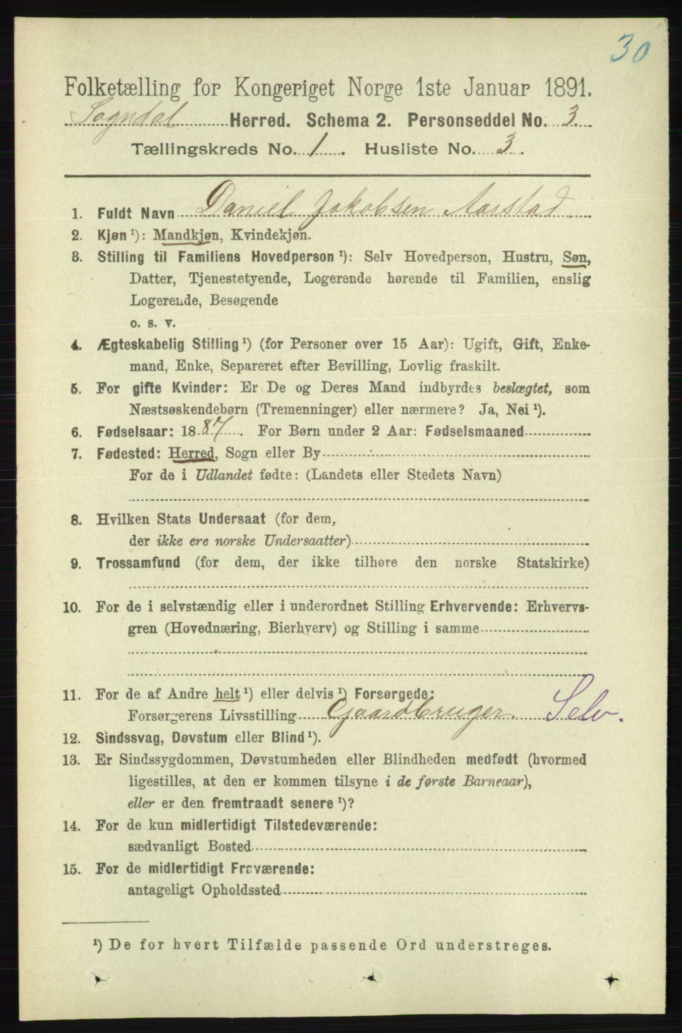 RA, 1891 census for 1111 Sokndal, 1891, p. 102