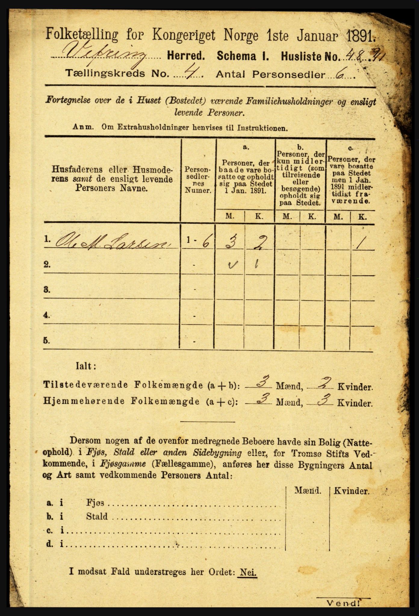 RA, 1891 census for 1434 Vevring, 1891, p. 1197