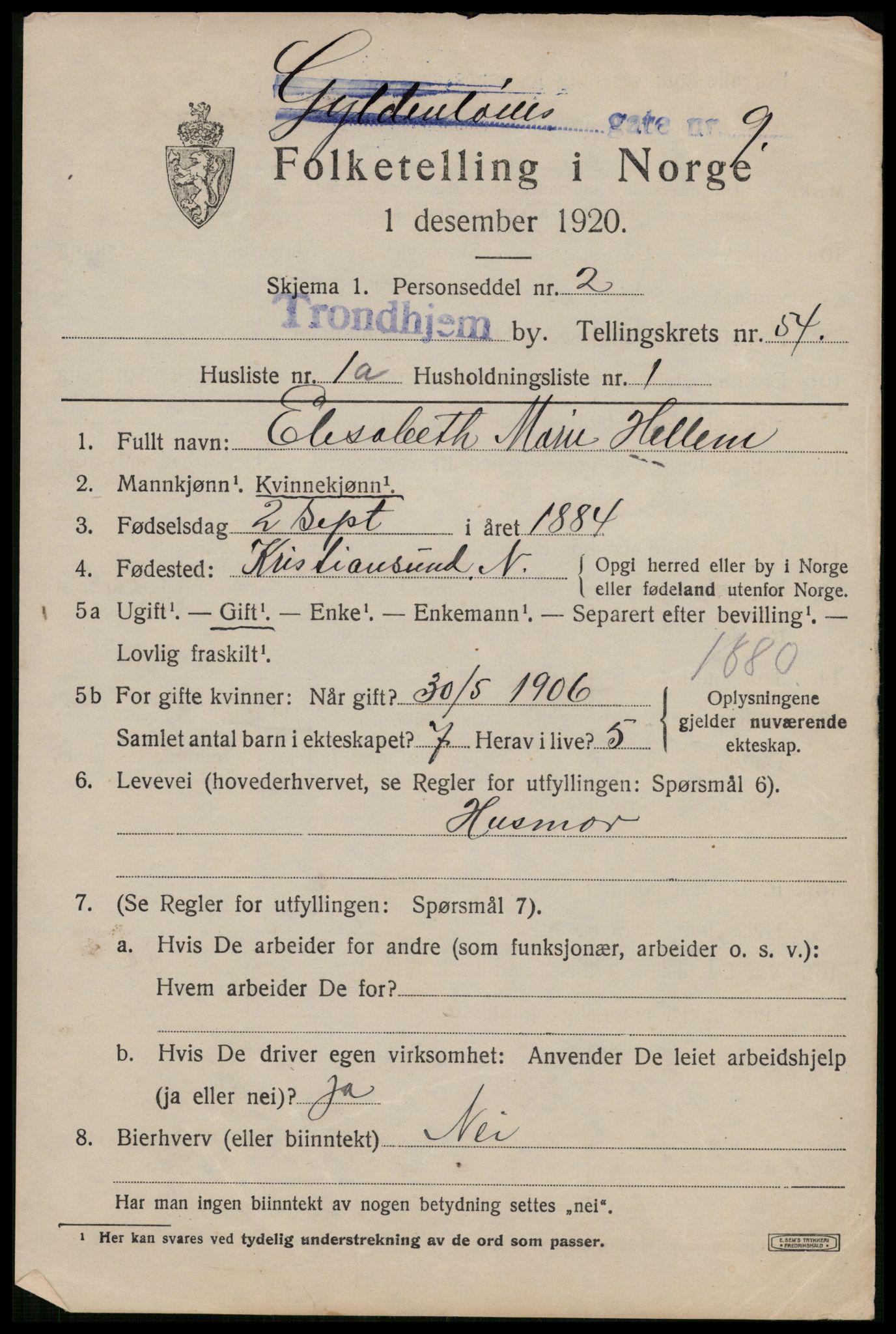 SAT, 1920 census for Trondheim, 1920, p. 109518