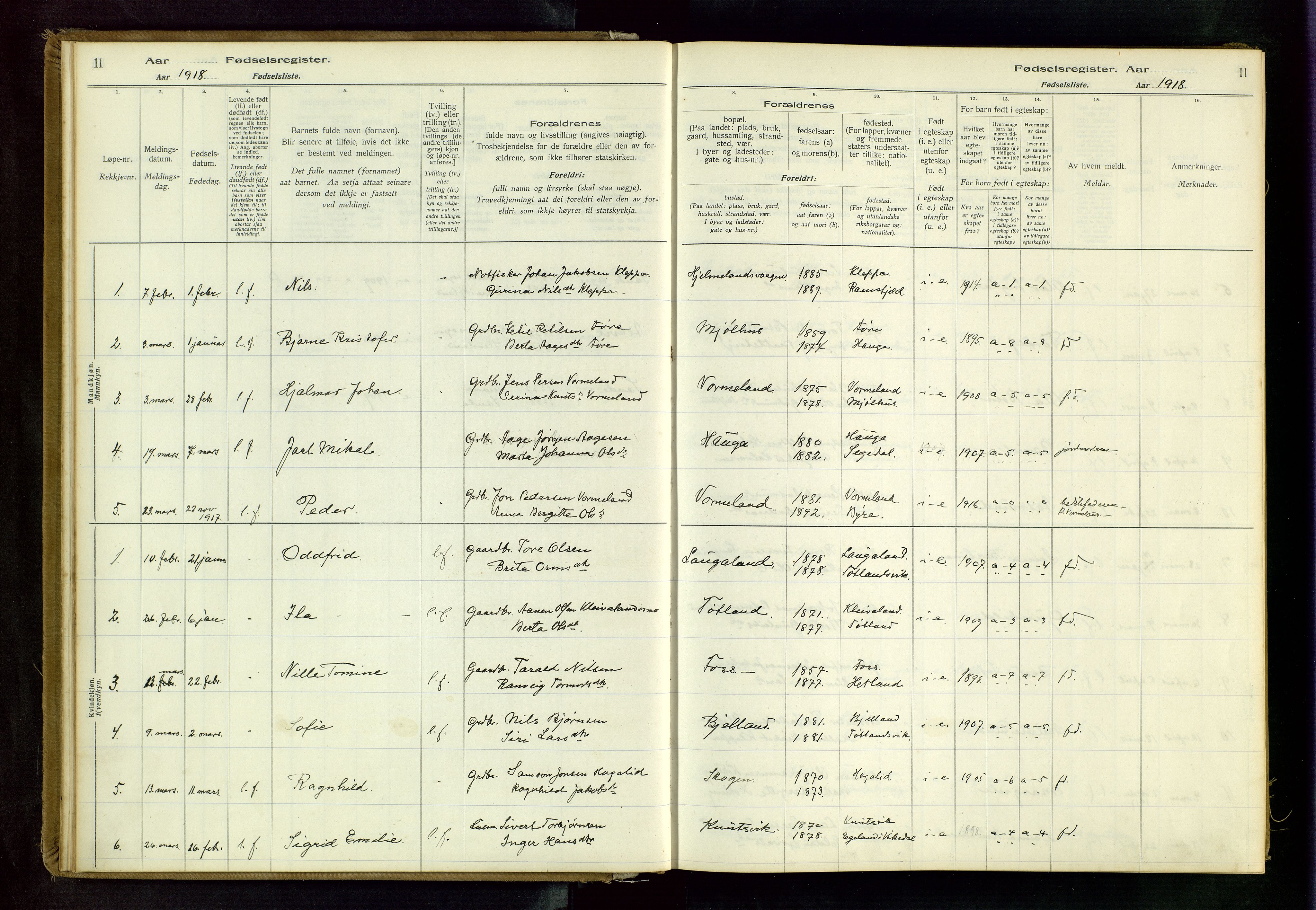 Hjelmeland sokneprestkontor, AV/SAST-A-101843/02/B/L0001: Birth register no. 1, 1916-1963, p. 11