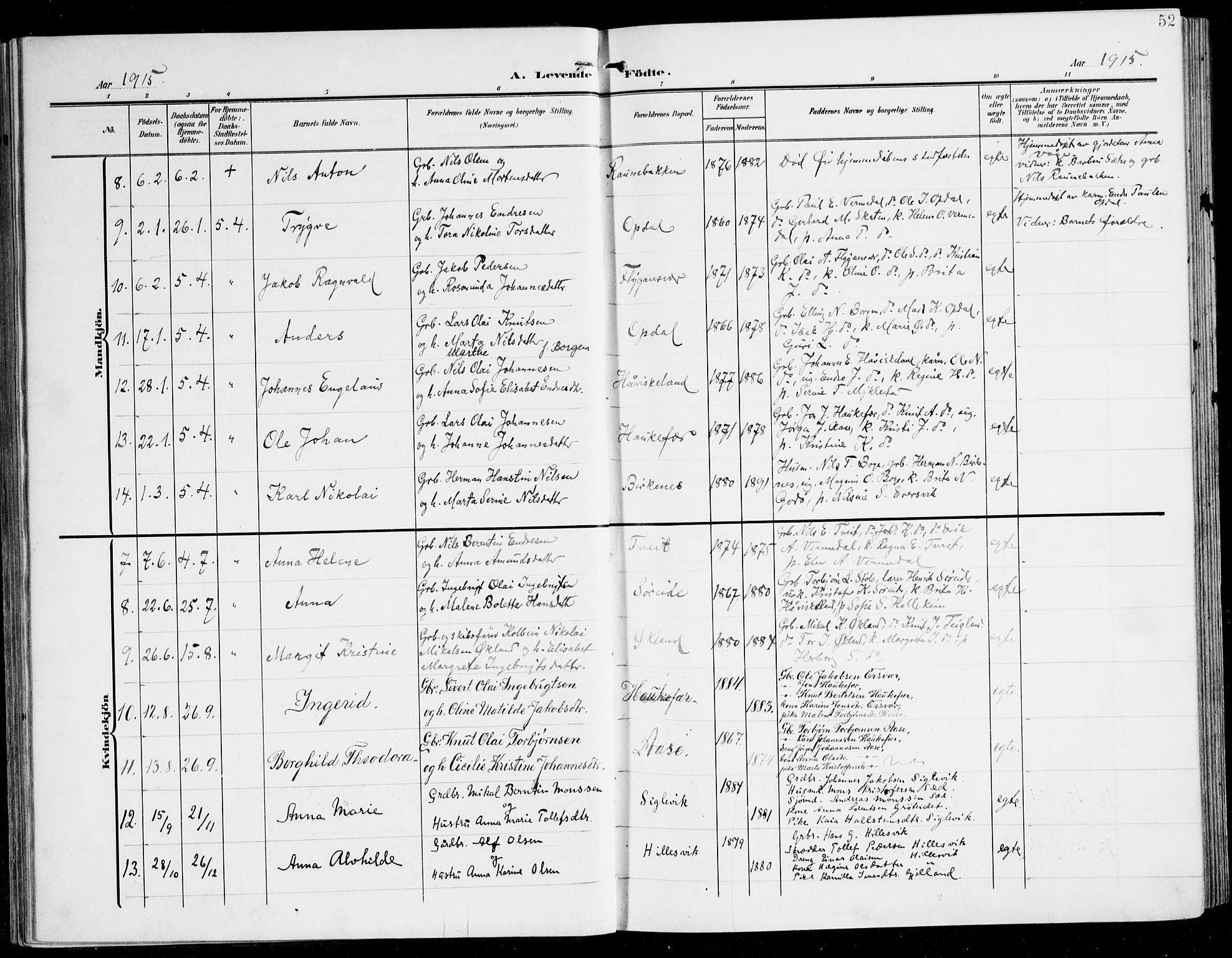 Tysnes sokneprestembete, AV/SAB-A-78601/H/Haa: Parish register (official) no. D 2, 1905-1922, p. 52
