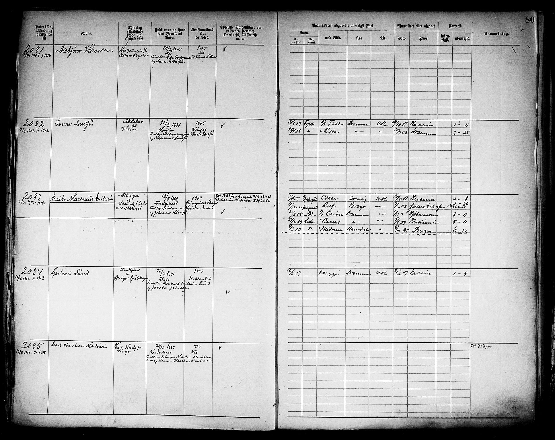 Drammen innrulleringsdistrikt, SAKO/A-781/F/Fb/L0006: Annotasjonsrulle, 1905-1911, p. 82