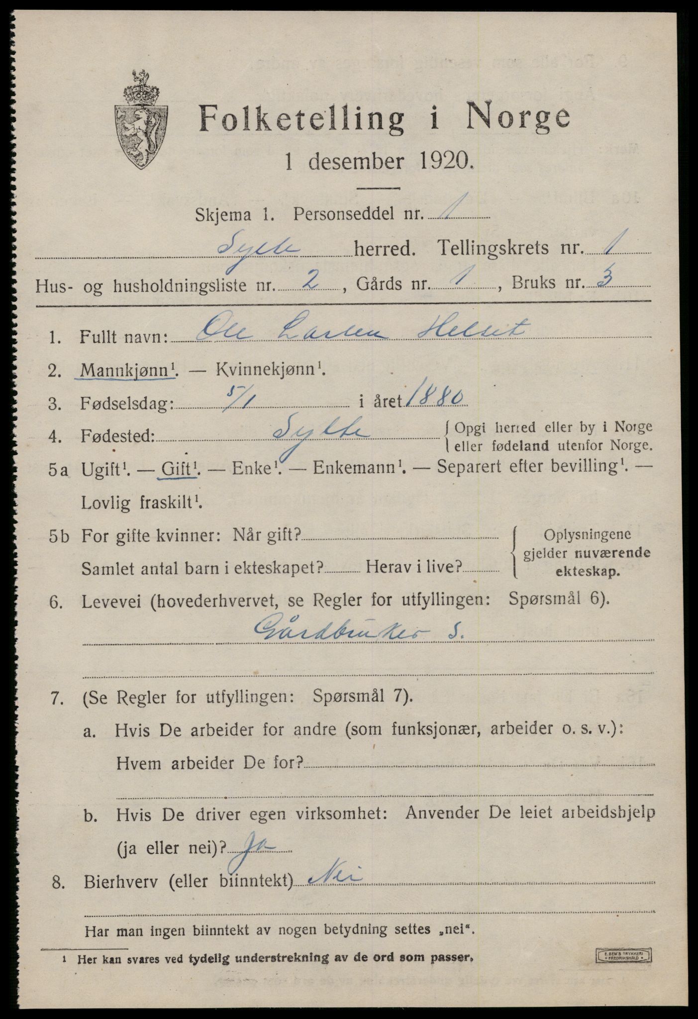 SAT, 1920 census for Sylte, 1920, p. 585