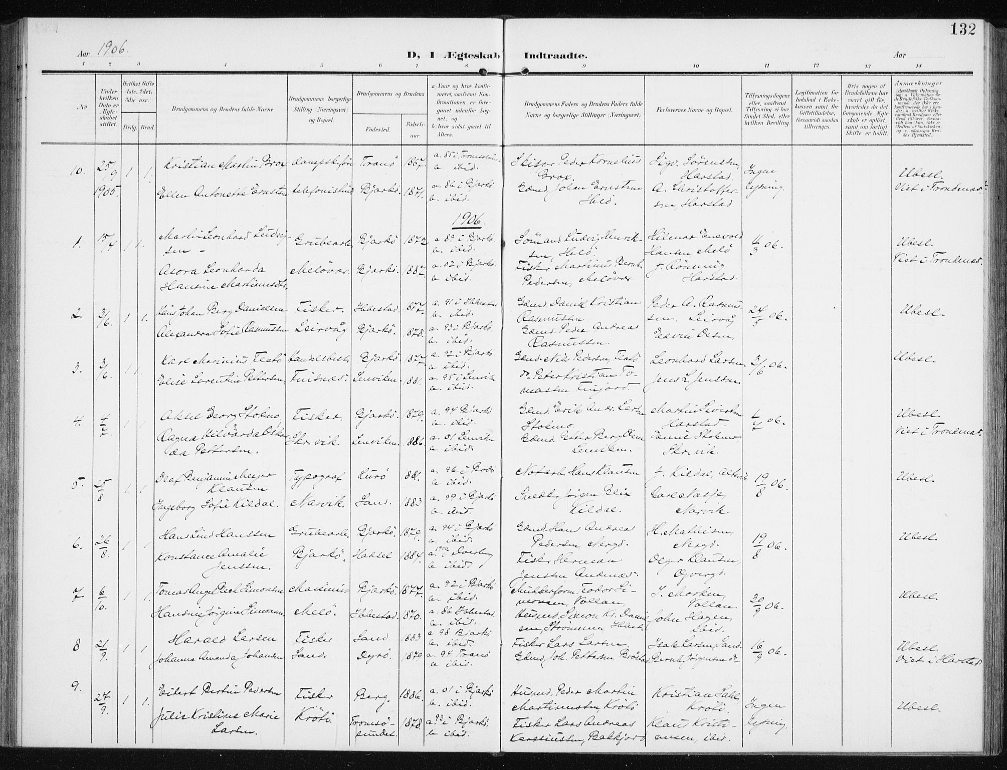 Sand/Bjarkøy sokneprestkontor, AV/SATØ-S-0811/I/Ia/Iaa/L0005kirke: Parish register (official) no. 5, 1905-1914, p. 132
