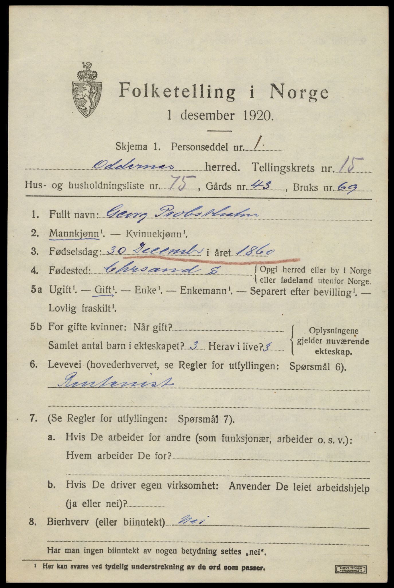 SAK, 1920 census for Oddernes, 1920, p. 11053