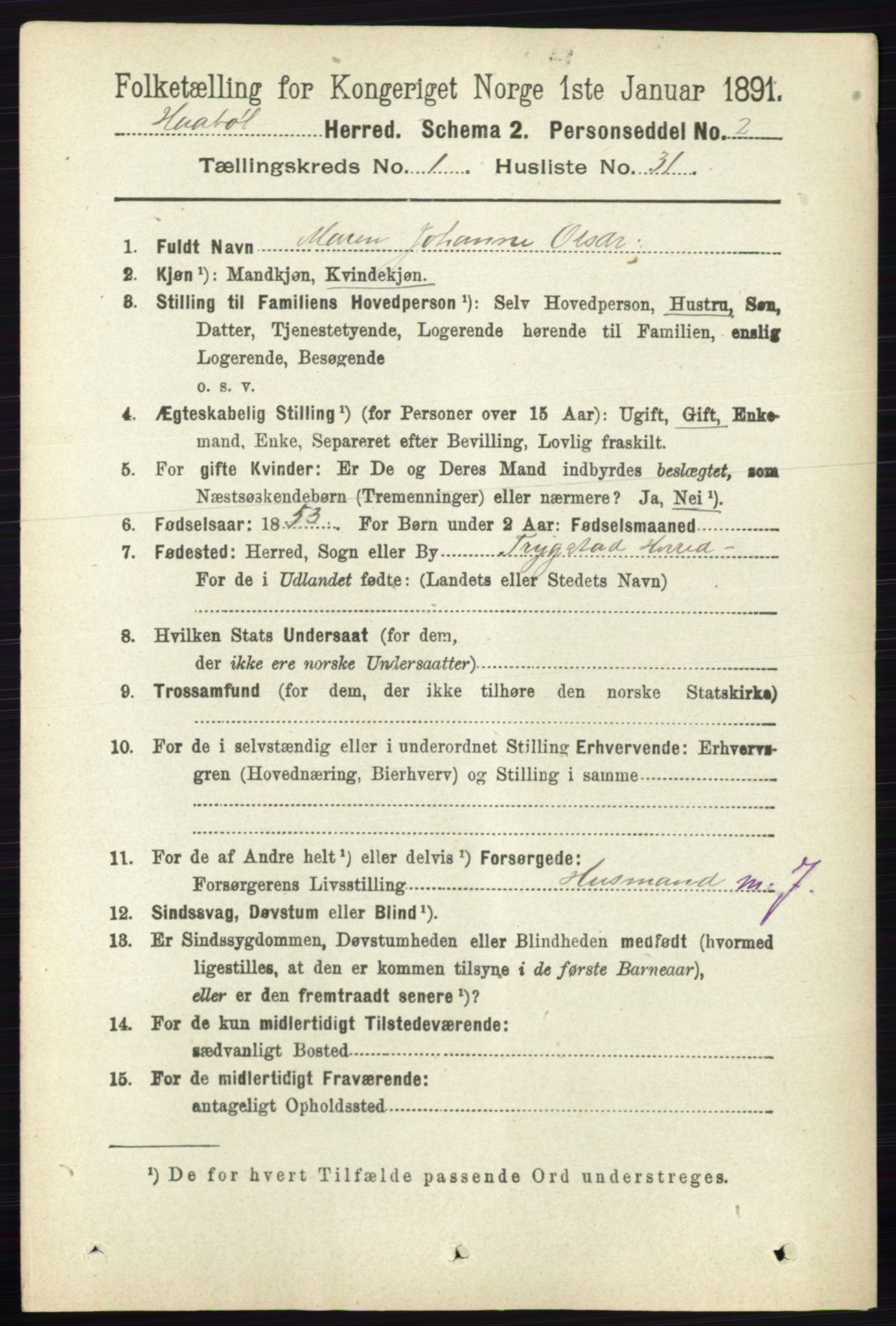 RA, 1891 census for 0138 Hobøl, 1891, p. 364