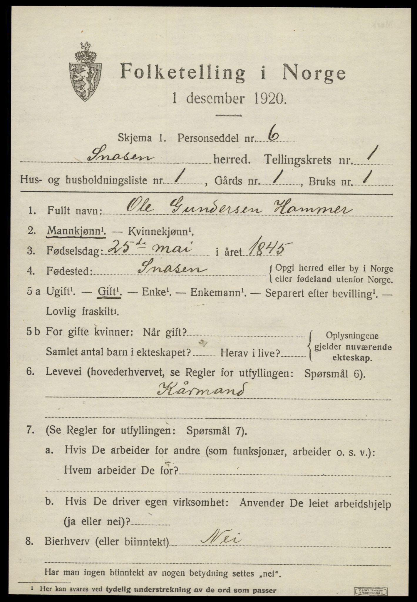 SAT, 1920 census for Snåsa, 1920, p. 1052