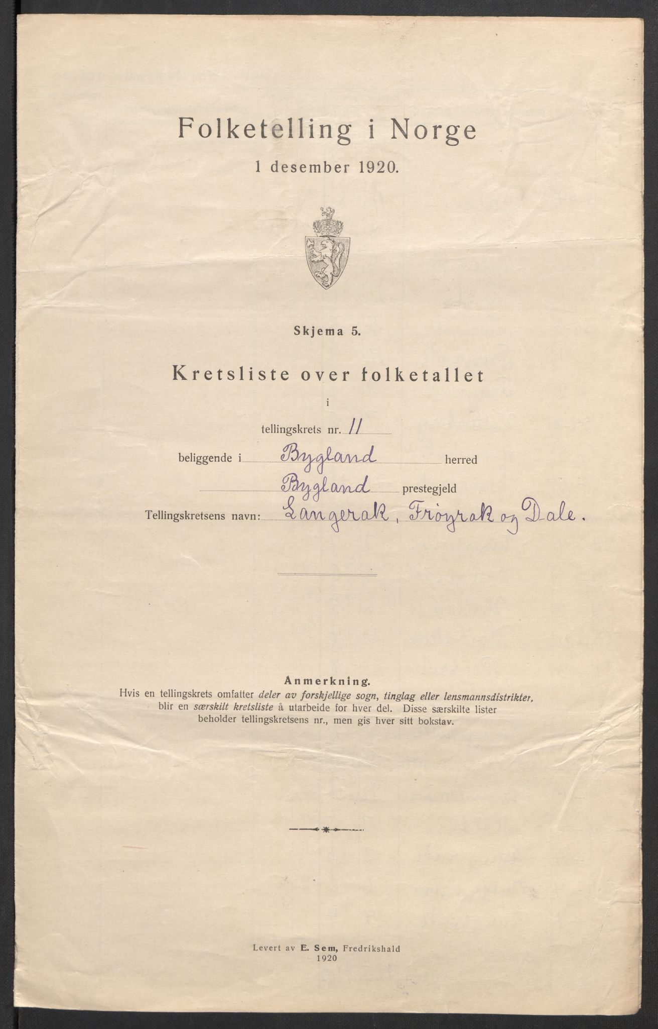 SAK, 1920 census for Bygland, 1920, p. 45
