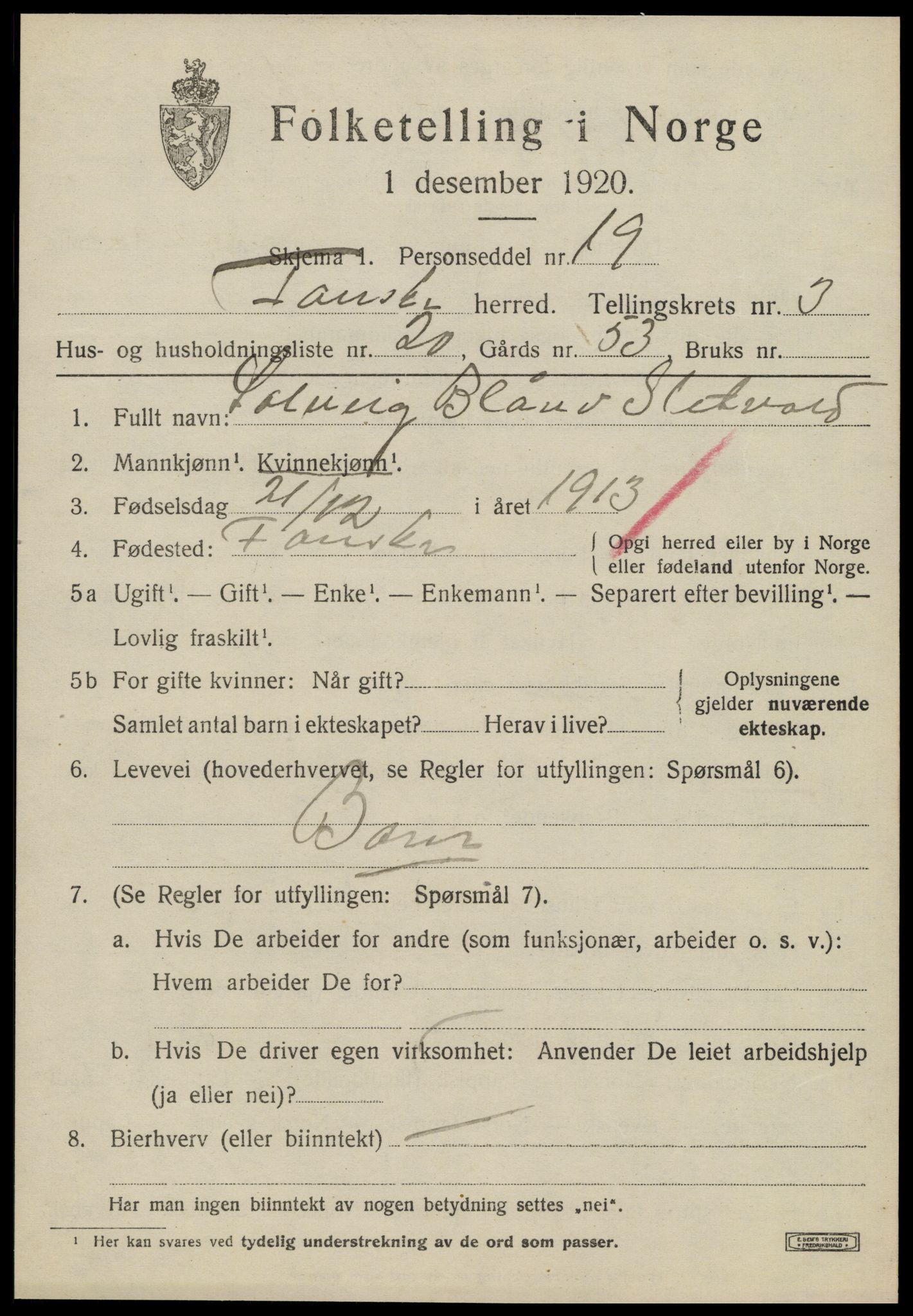 SAT, 1920 census for Fauske, 1920, p. 4160