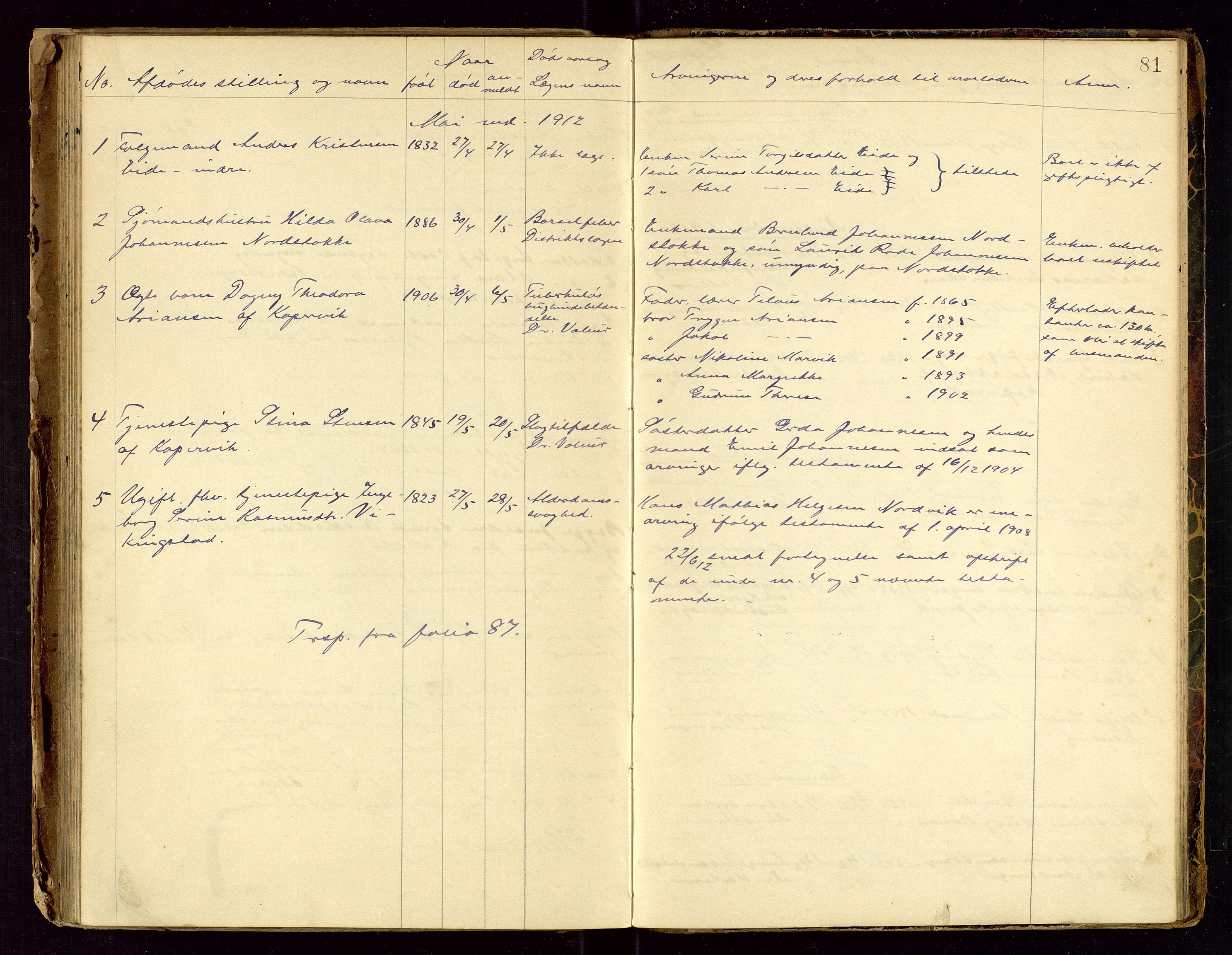 Avaldsnes lensmannskontor, AV/SAST-A-100286/Gga/L0001: "Dødslistene Avaldsnæs Prtgd  2 - 87  Kopervig Sogn  38 - 120", 1897-1916, p. 81